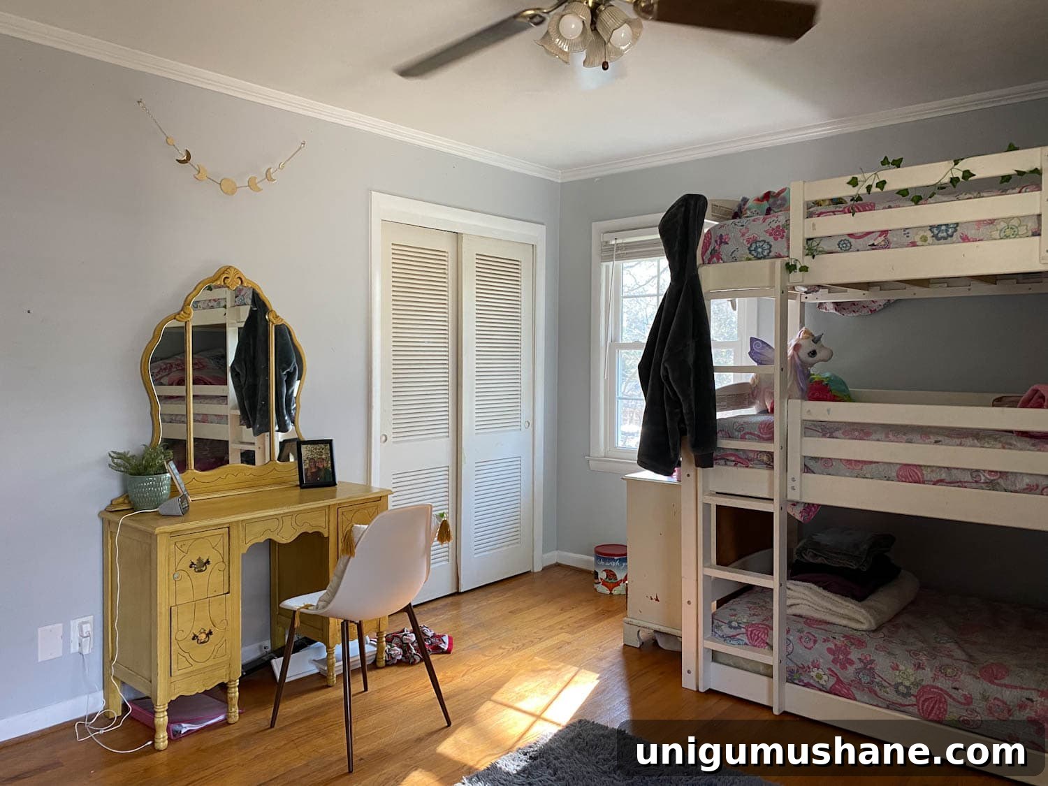 Beach-Themed Triple Bunk Bed Makeover for Teens 14 shared teenage bedroom before with 3 bunk bed