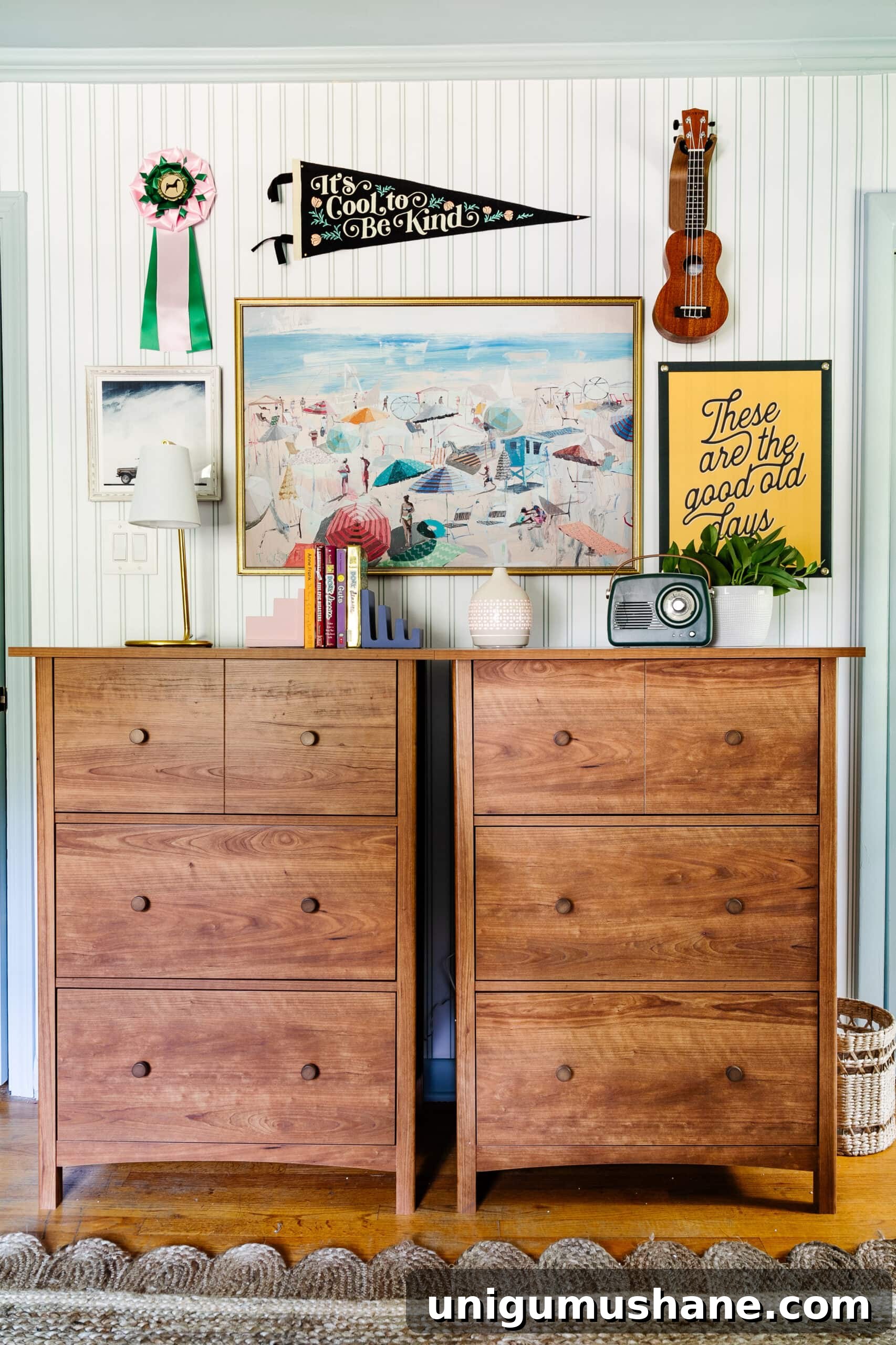 Beach-Themed Triple Bunk Bed Makeover for Teens 16 vintage gallery wall in teenage bedroom above dressers with coastal paintings and camp art