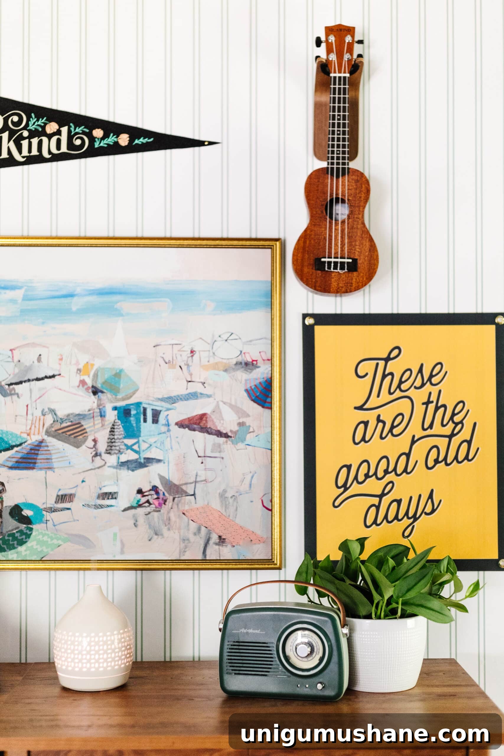 Beach-Themed Triple Bunk Bed Makeover for Teens 17 wireless speaker radio on dresser with gallery wall in teenage beach themed bedroom