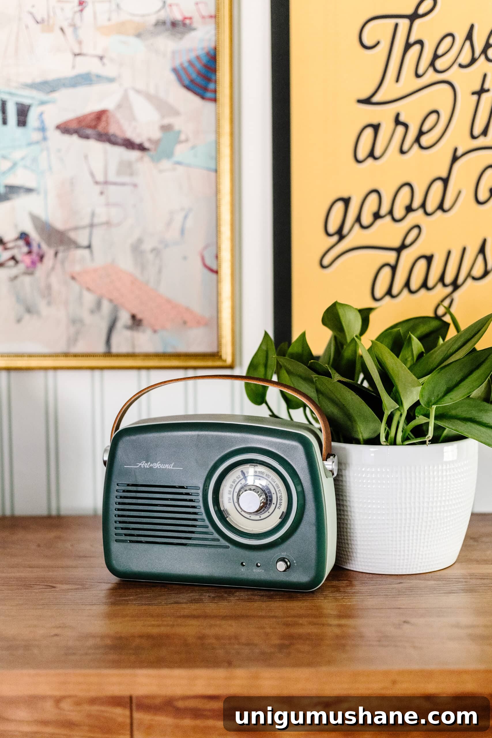 Beach-Themed Triple Bunk Bed Makeover for Teens 19 wireless speaker radio with potted plant and vintage gallery wall art