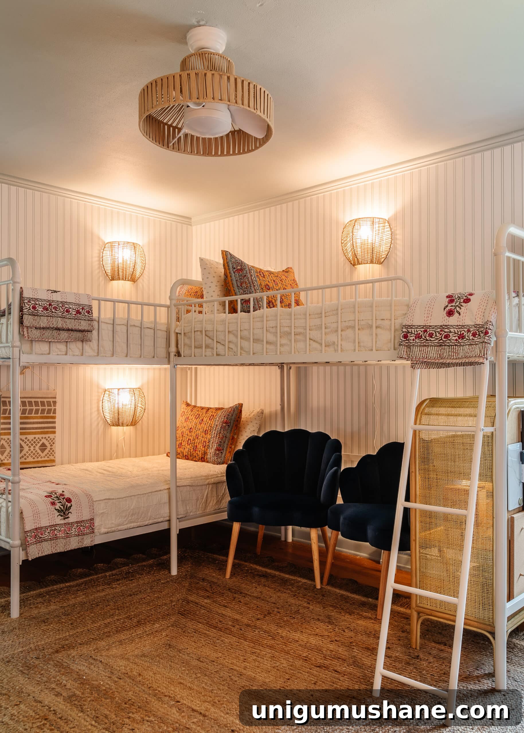 Beach-Themed Triple Bunk Bed Makeover for Teens 25 wall lamps beside triple bunk bed in shared bedroom with fandelier light fixture