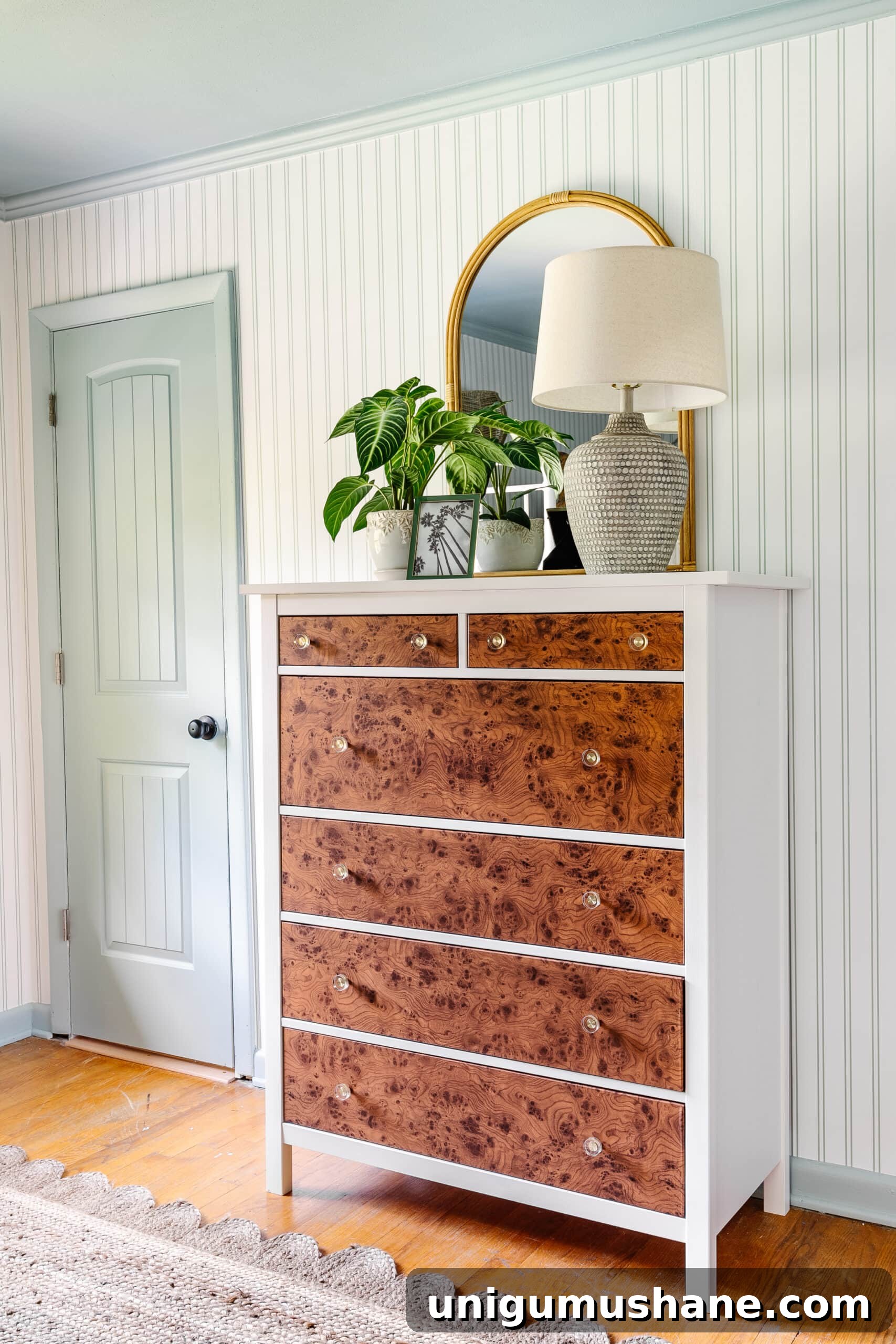 Beach-Themed Triple Bunk Bed Makeover for Teens 26 coastal decor on top of vintage dresser IKEA hack with blue door and striped wallpaper