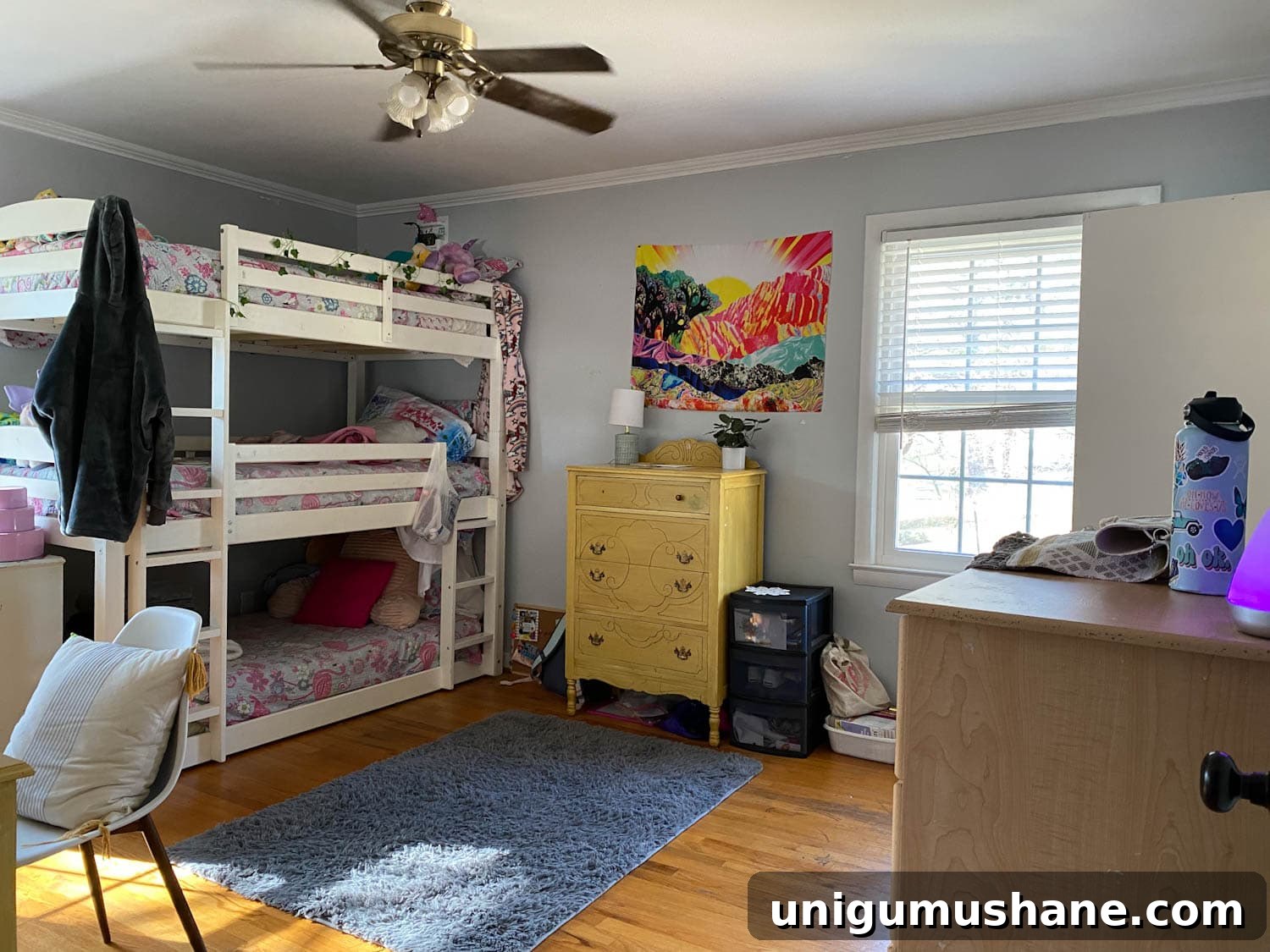Beach-Themed Triple Bunk Bed Makeover for Teens 3 triple bunk bed shared bedroom before