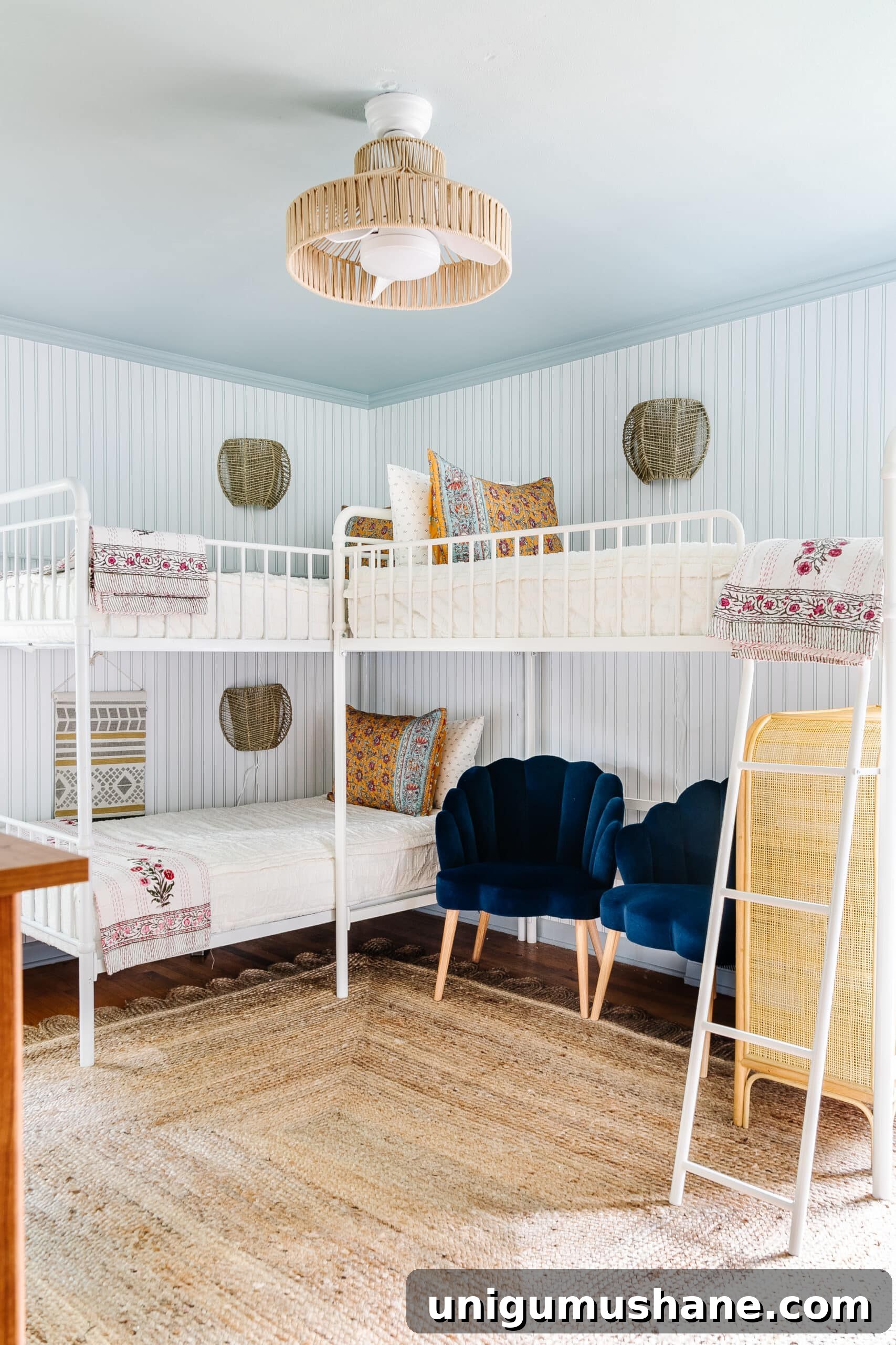 Beach-Themed Triple Bunk Bed Makeover for Teens 27 triple bunk bed and loft in shared teenage bedroom with coastal decor