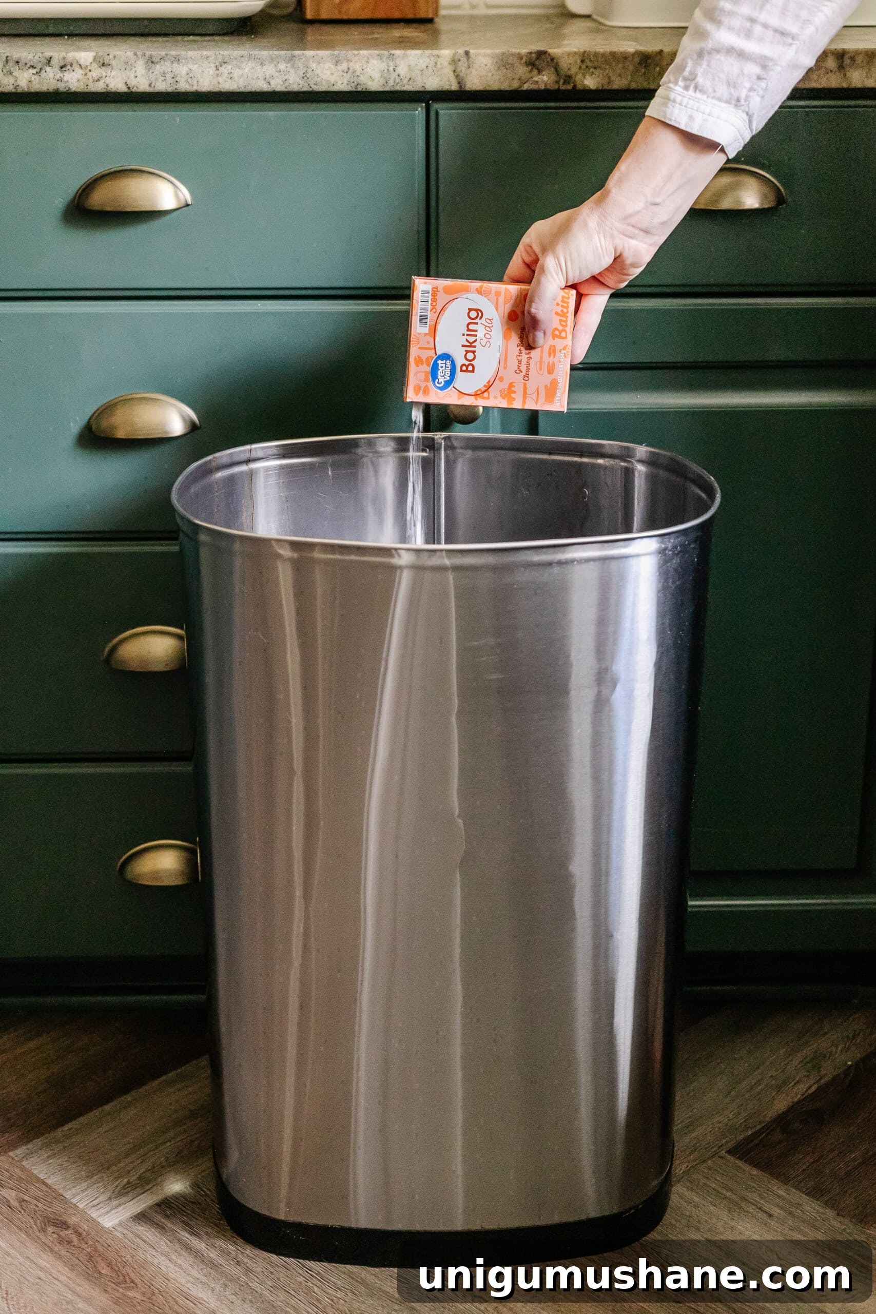 16 Natural Home Fragrance Hacks for a Fresh Smelling House 22 sprinkling baking soda in trash can