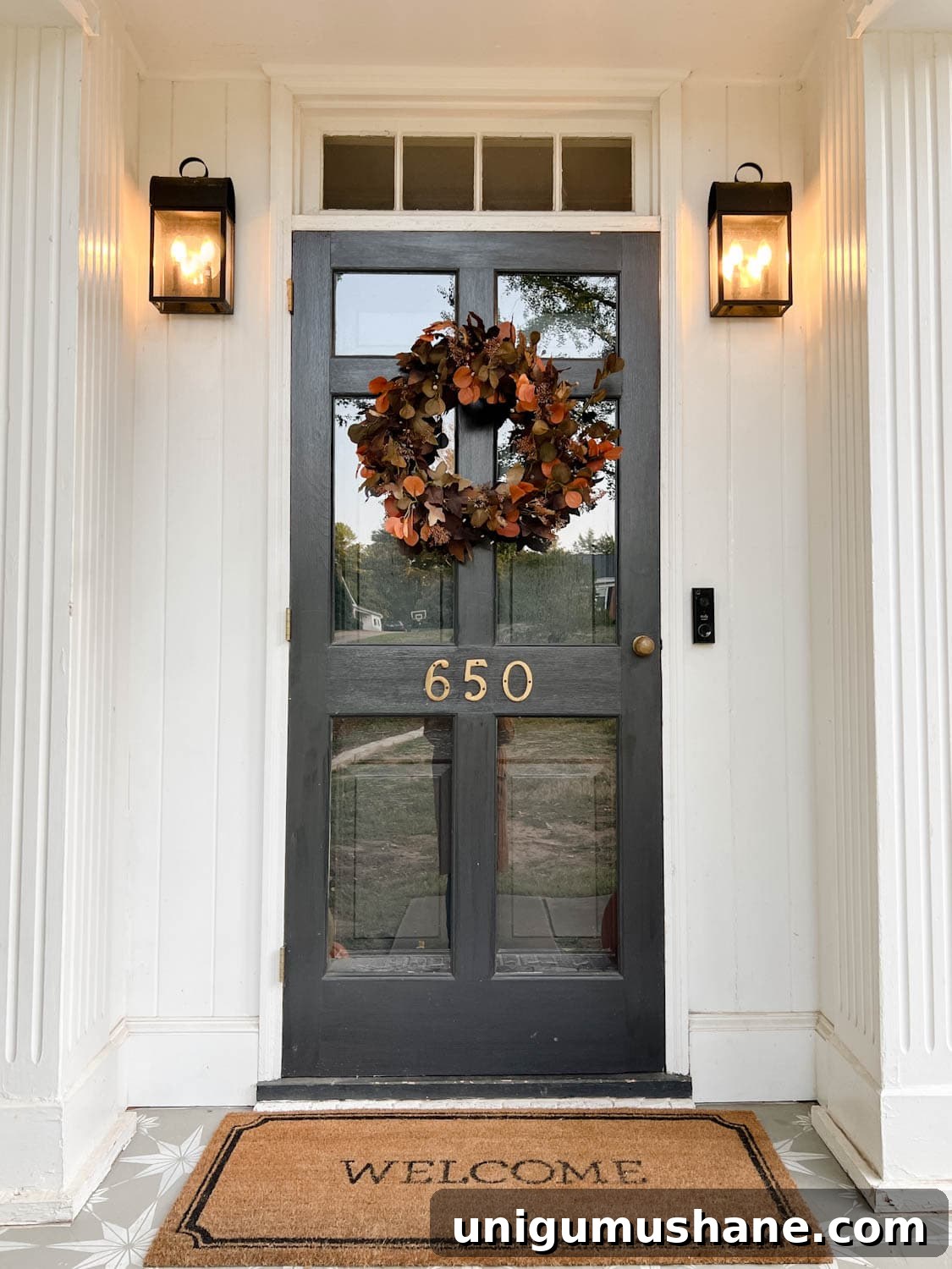 Realistic Faux Pumpkins for Fall 2024 Home Decor 9 front porch door with realistic artificial fall wreath