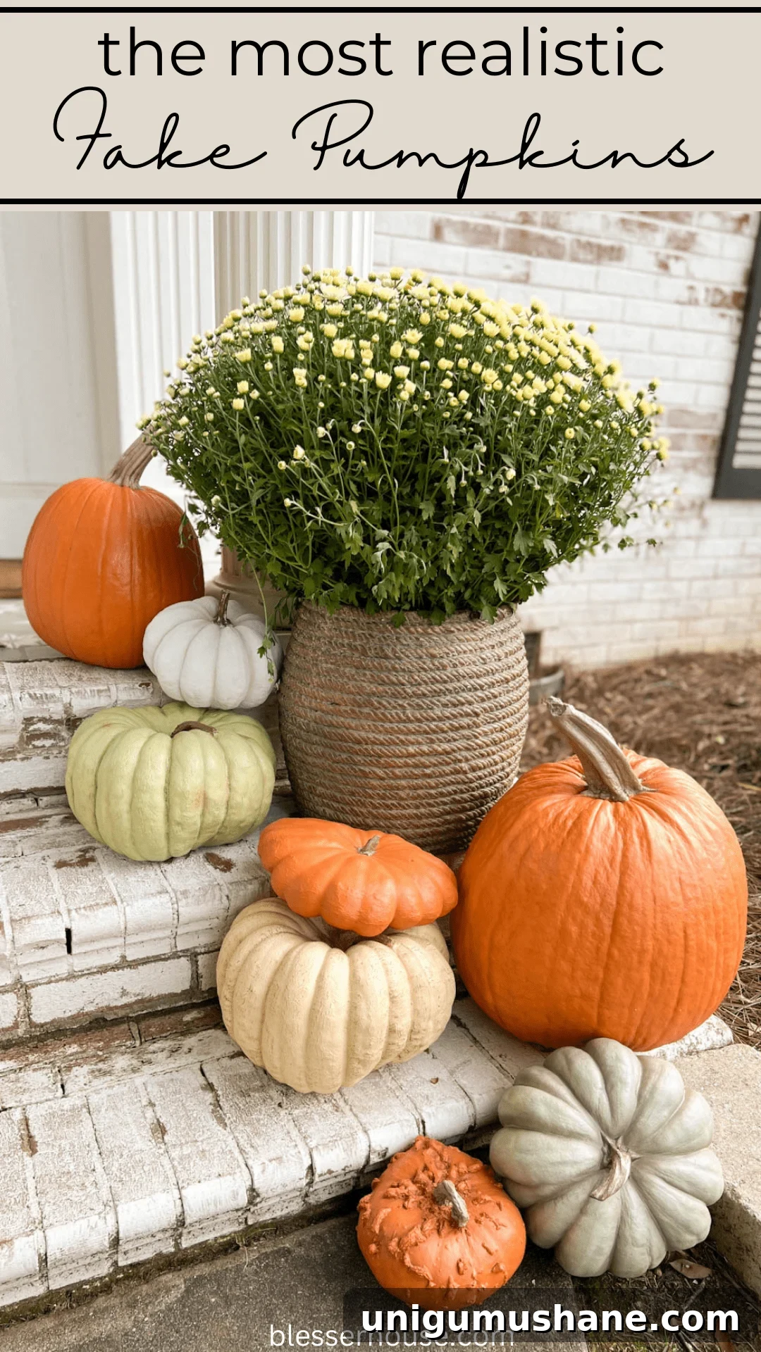 Realistic Faux Pumpkins for Fall 2024 Home Decor 4 planter of mums and realistic pumpkins on porch