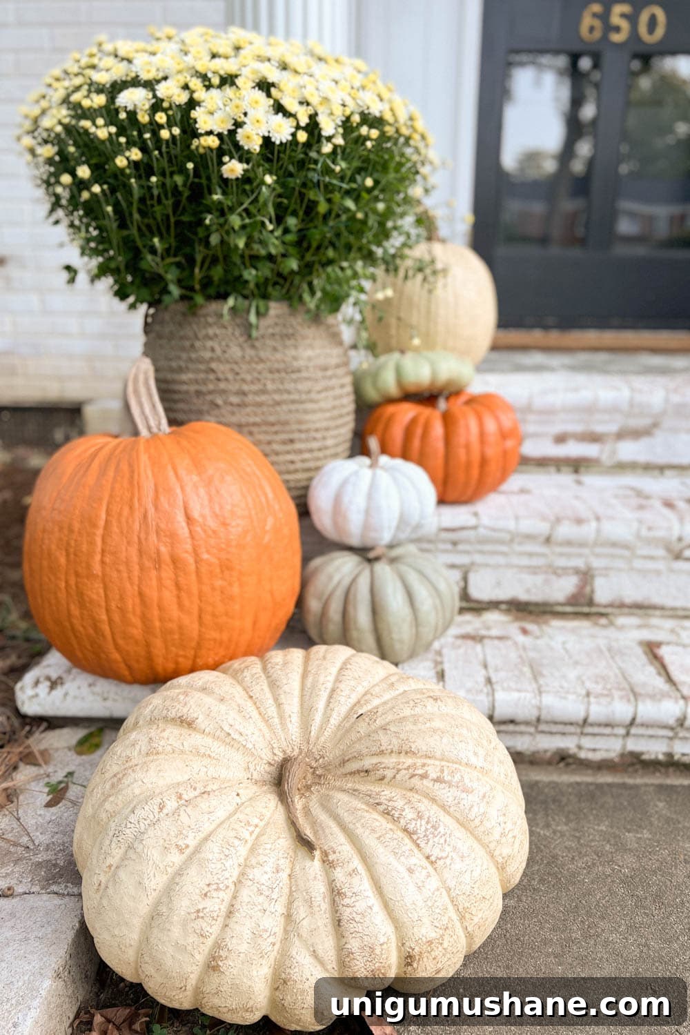 Realistic Faux Pumpkins for Fall 2024 Home Decor 5 porch steps decorated for fall