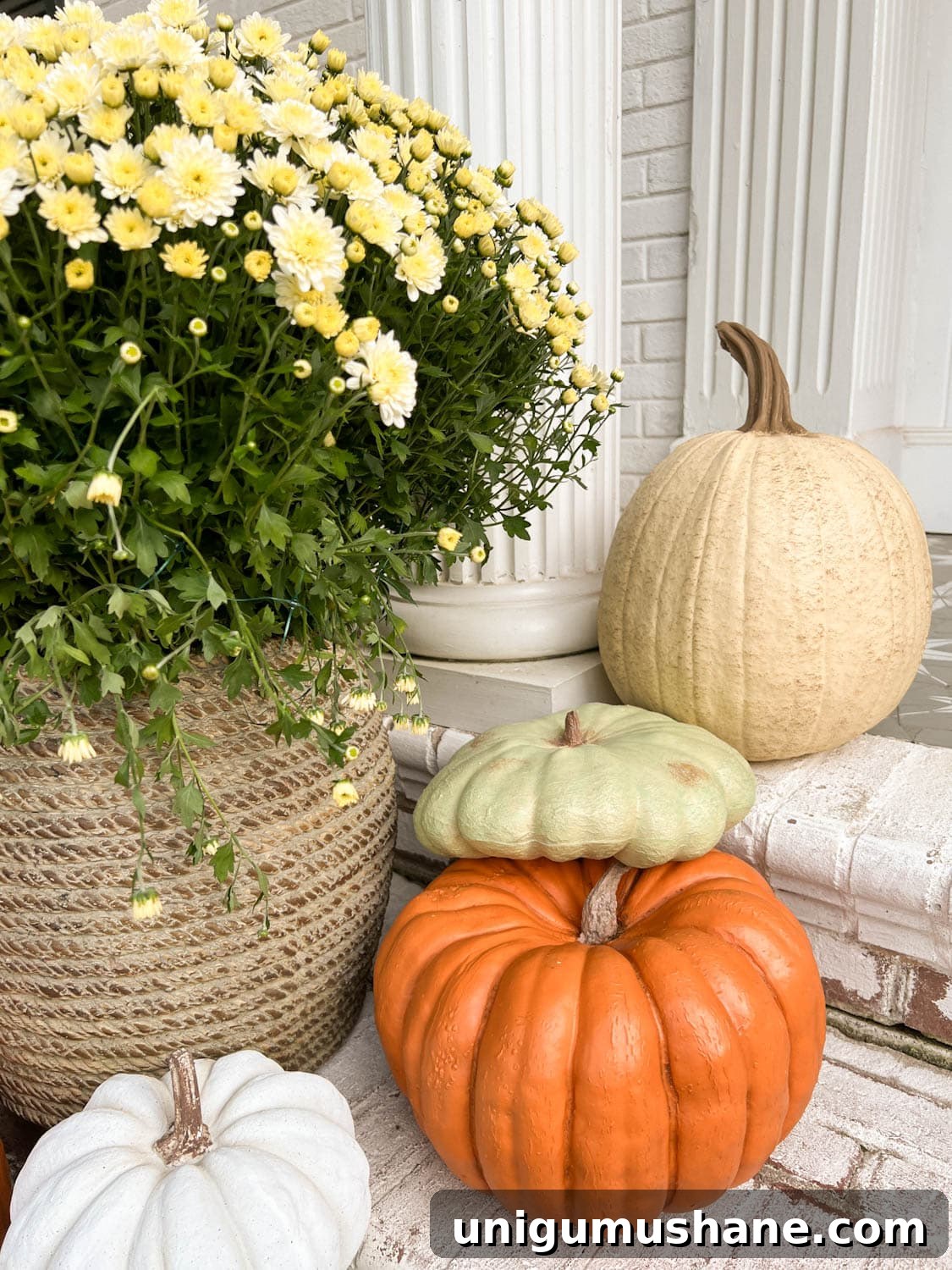 Realistic Faux Pumpkins for Fall 2024 Home Decor 7 front porch steps decorated for fall
