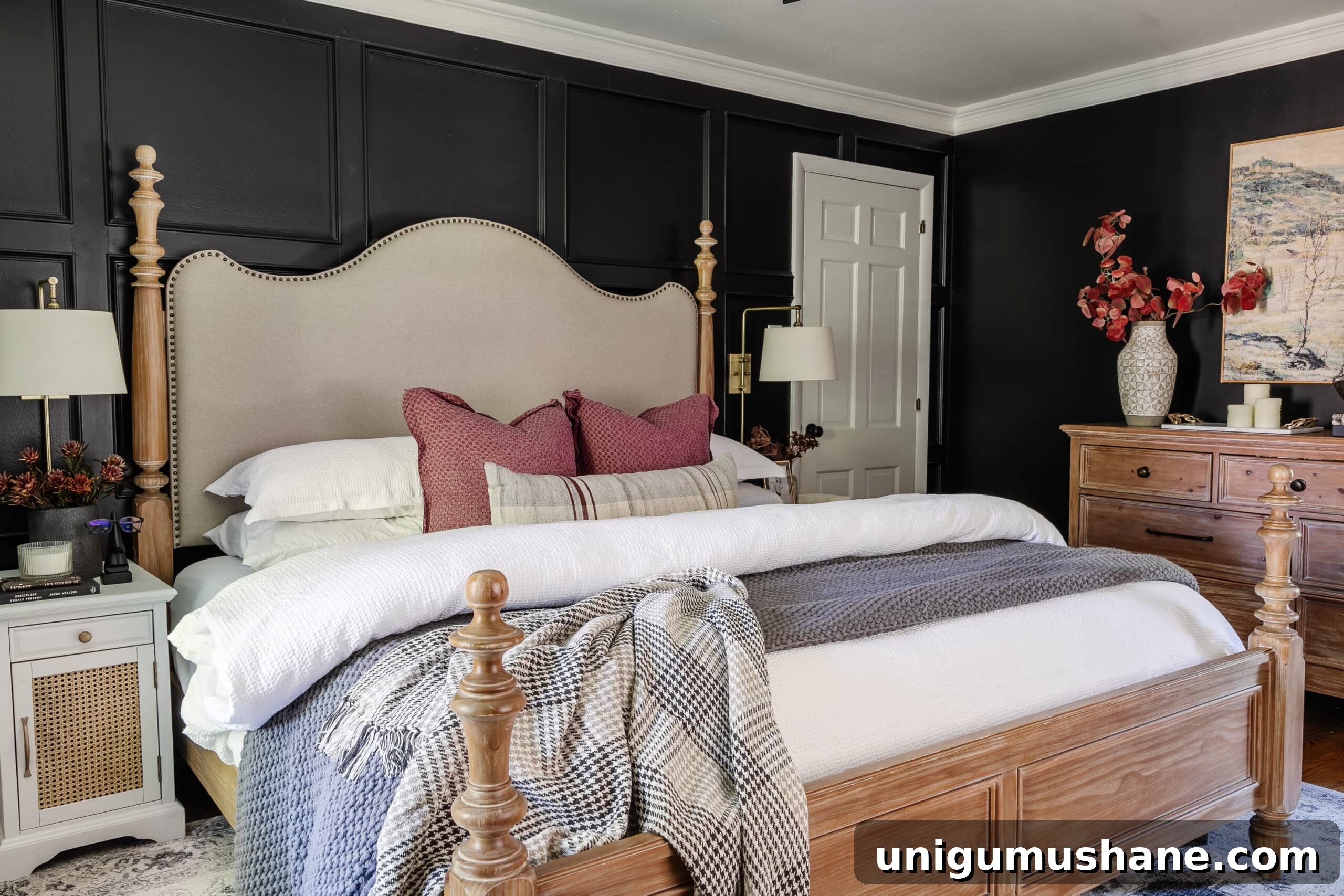 10 Affordable Cozy Bedroom Ideas to Improve Sleep 3 bedroom with black walls, wooden bed and dresser, and comfy bedding