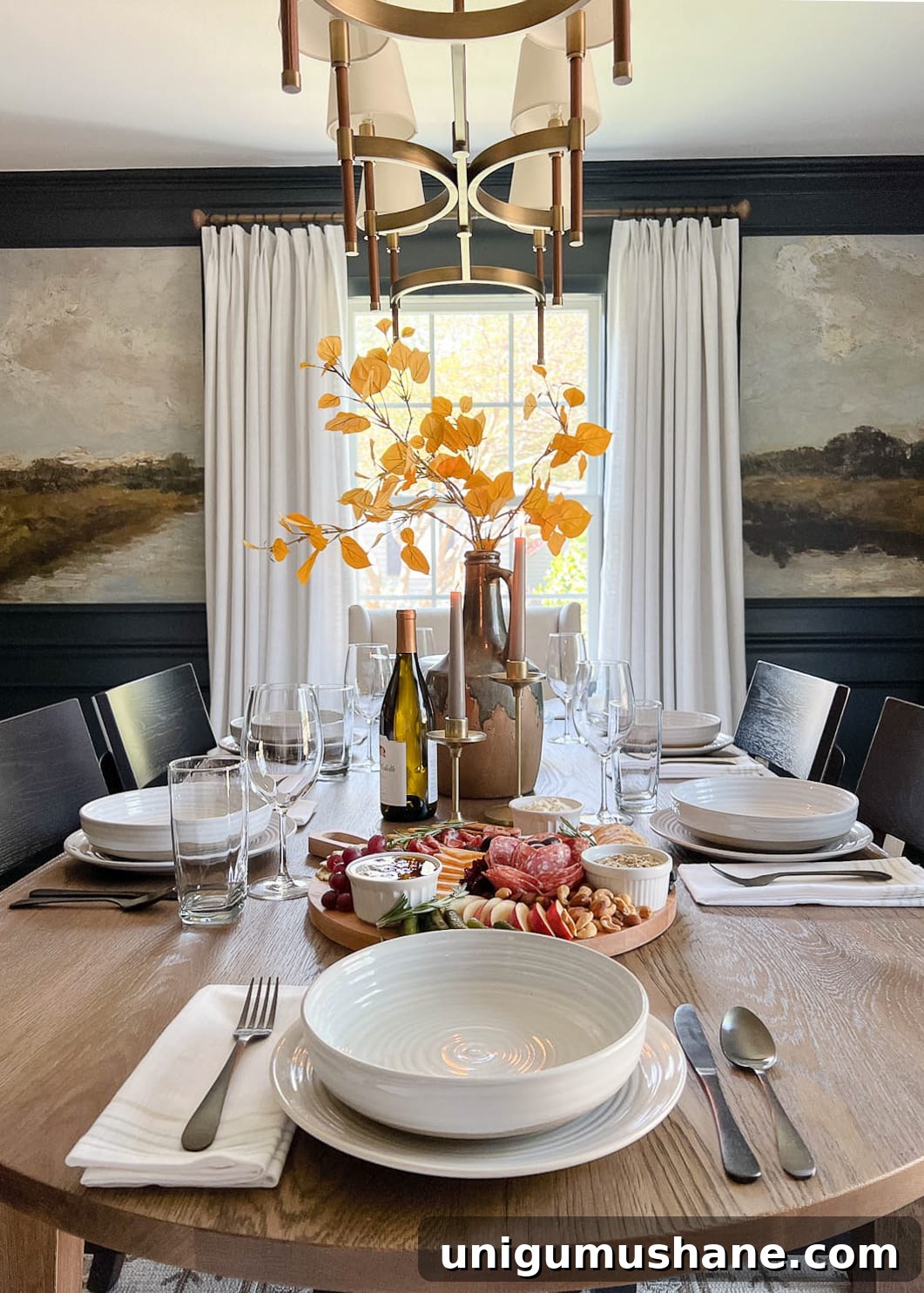 How to Make a 10-Minute DIY Charcuterie Board 3 dinner table setting with fall centerpiece vase with fall branches and candles