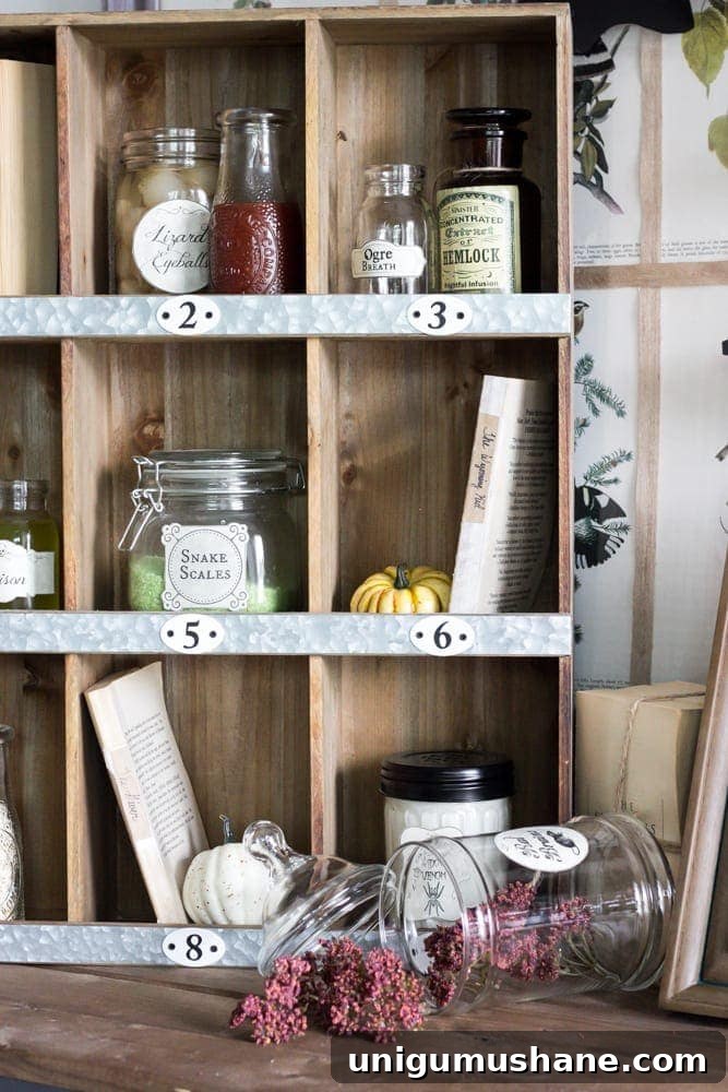 glass jars and bottles with vintage halloween potion labels and kitchen ingredients