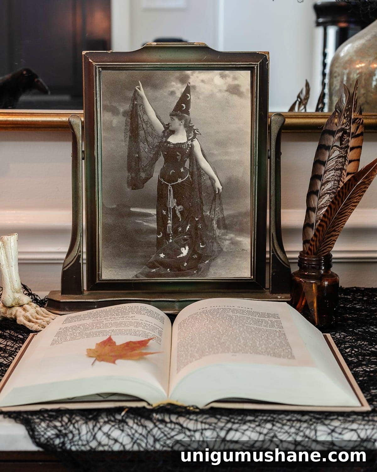 vintage halloween portrait art in an antique picture frame with old book, ink well, and black fabric