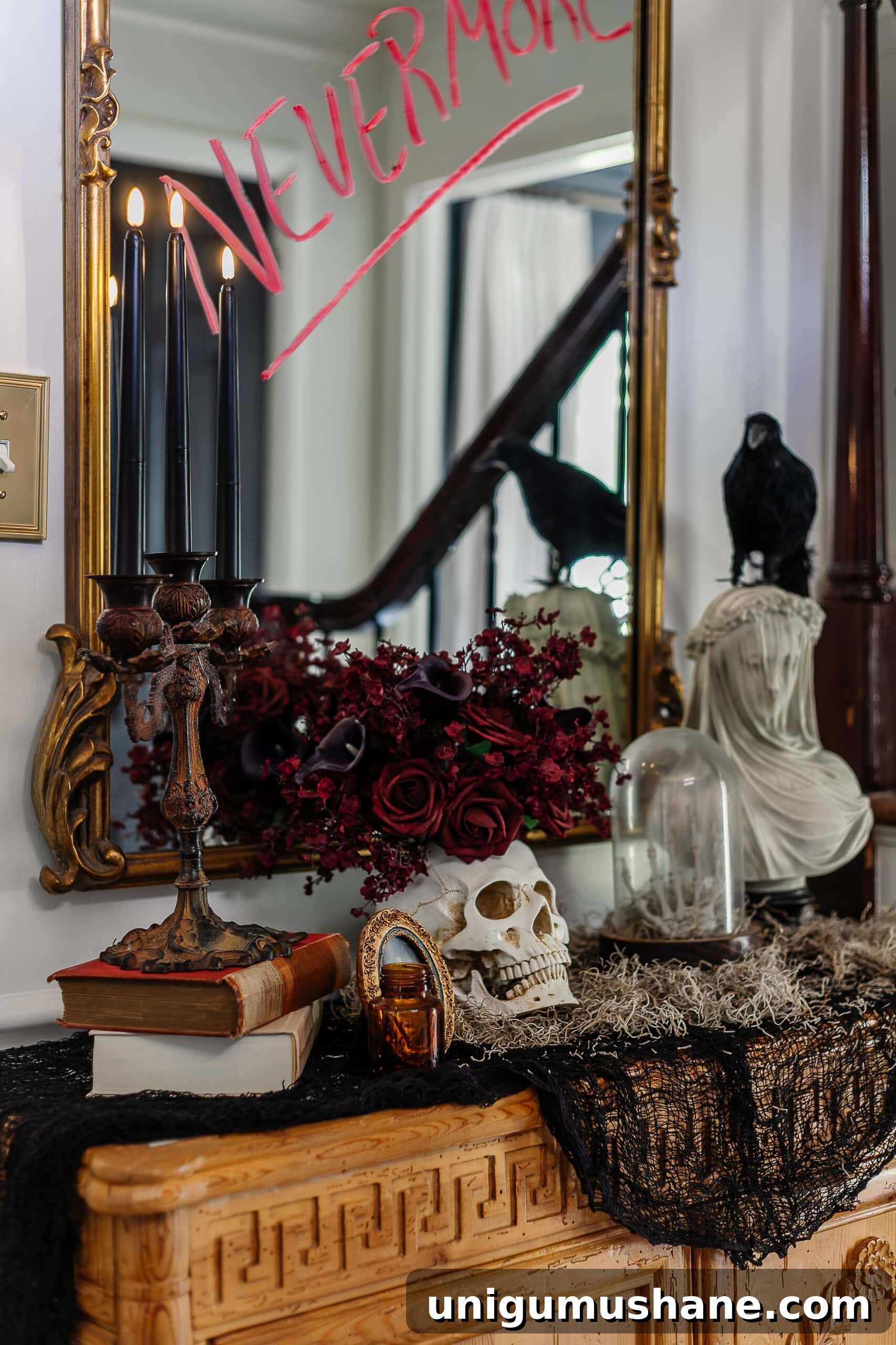 DIY Haunted House Entryway Ideas for Halloween 4 entryway table styled with DIY haunted house Halloween decor