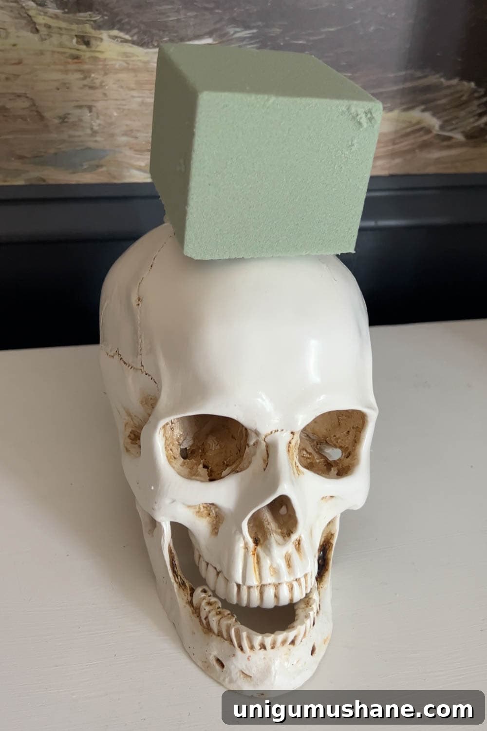 DIY Haunted House Entryway Ideas for Halloween 5 fake skull with floral block foam on top