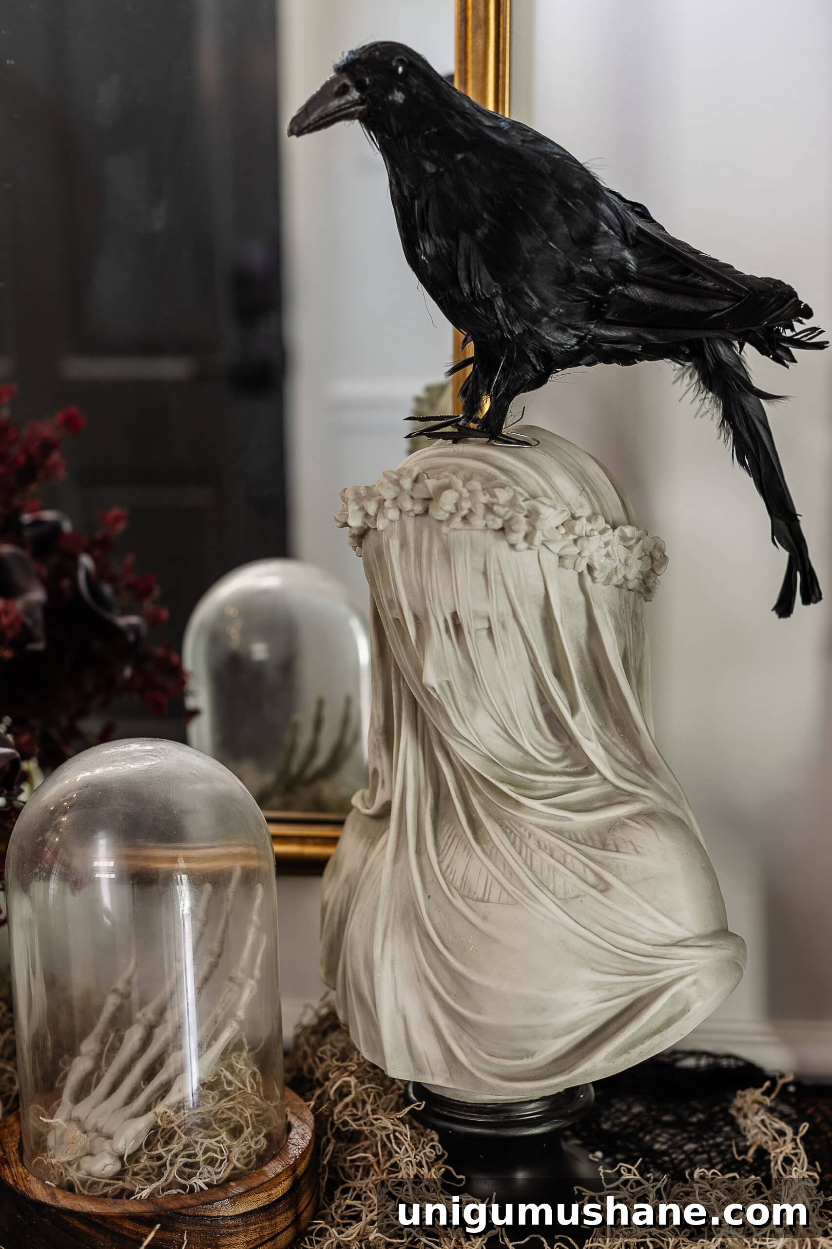 DIY Haunted House Entryway Ideas for Halloween 8 veiled statue bust with fake crow on top for DIY haunted house
