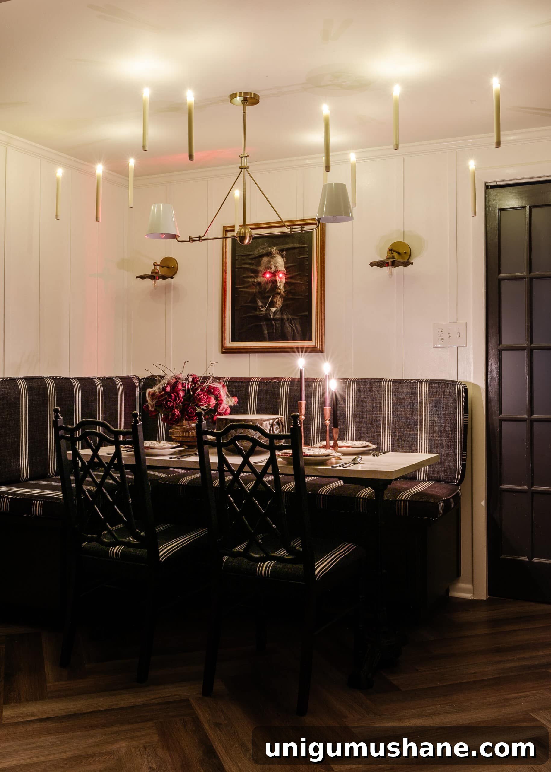 Murder Mystery Party Table Decor Ideas for Halloween 3 murder mystery dinner party with Halloween art portrait, floating candles, and dinnerware