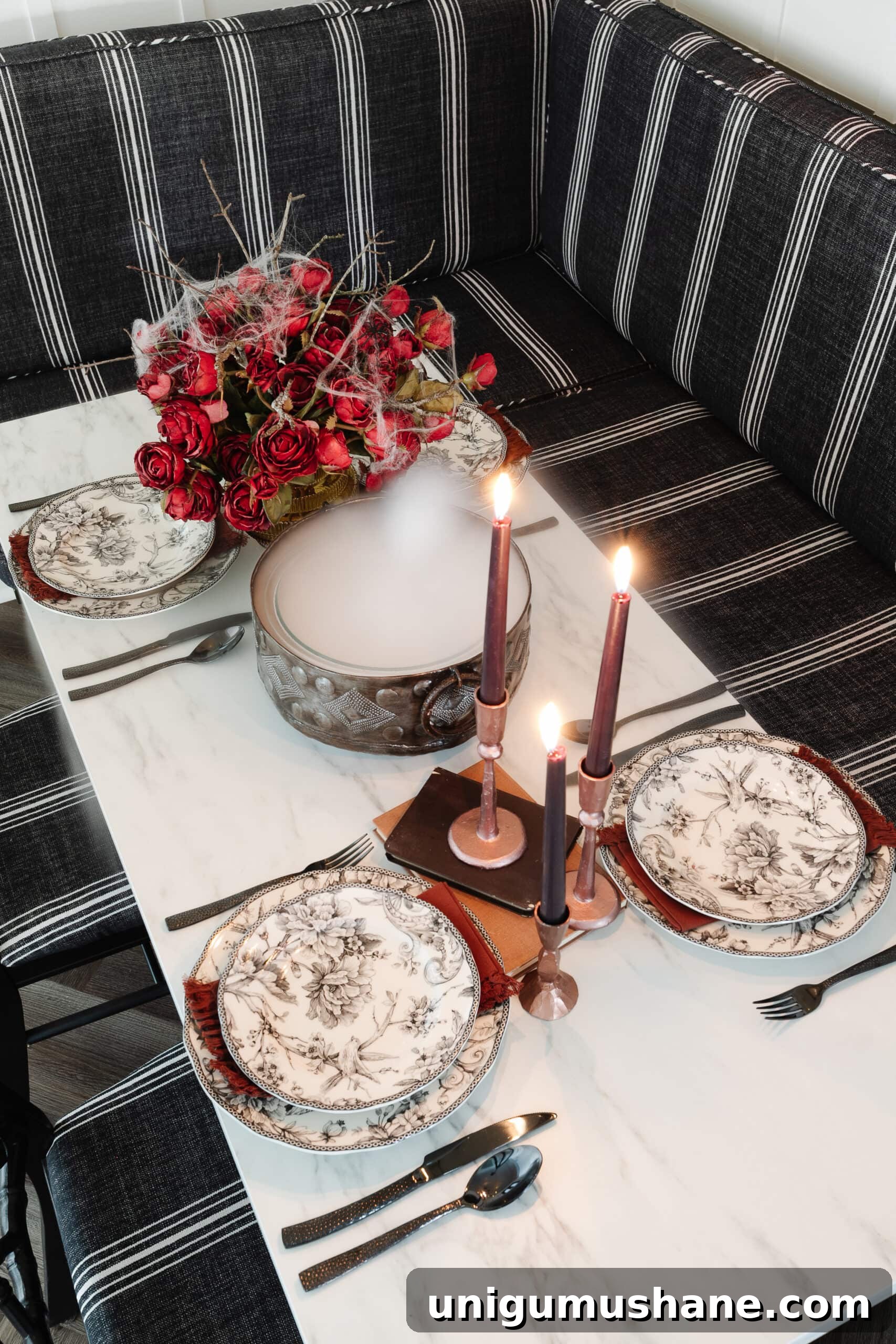 Murder Mystery Party Table Decor Ideas for Halloween 4 murder mystery party table decor with black toile dinnerware, cauldron of dry ice fog, and red roses with spider webs