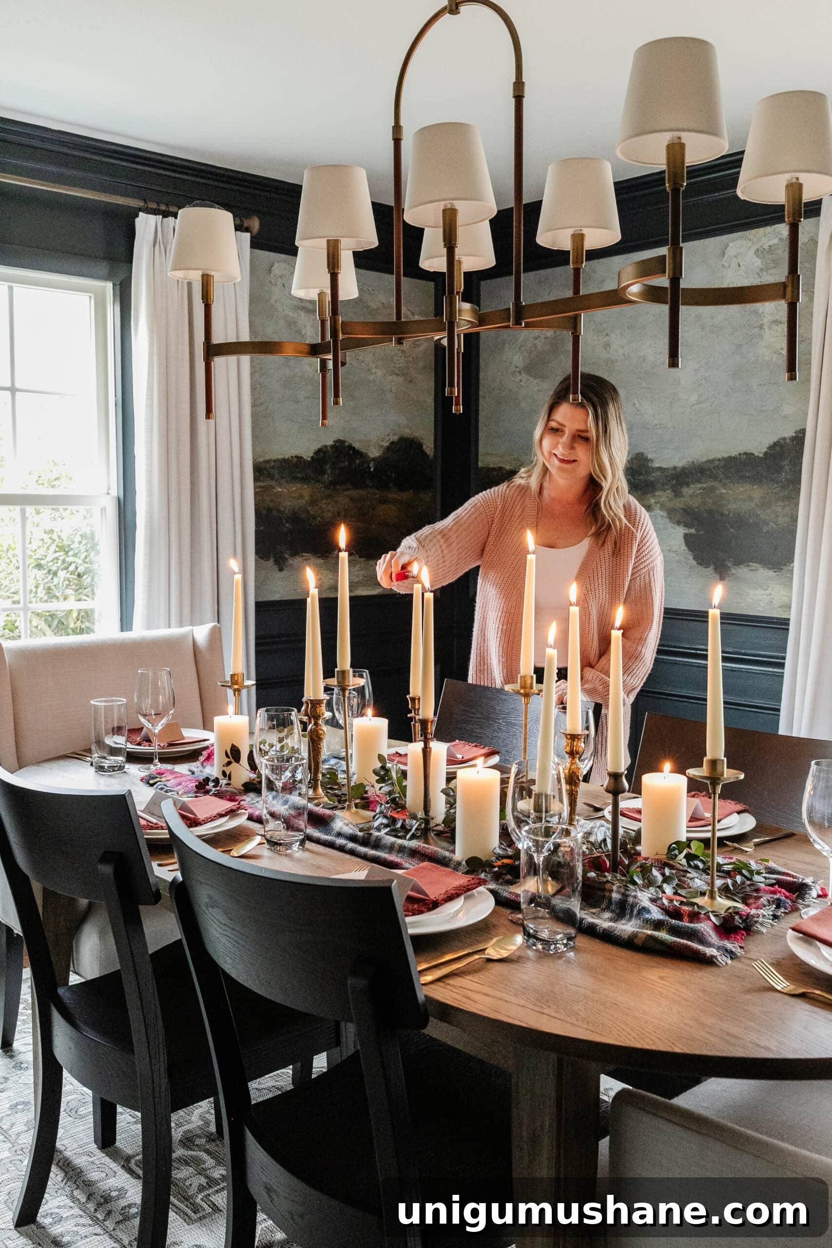 DIY Thanksgiving Centerpiece from Thrifted Finds 11 lighting candles on a set Thanksgiving table