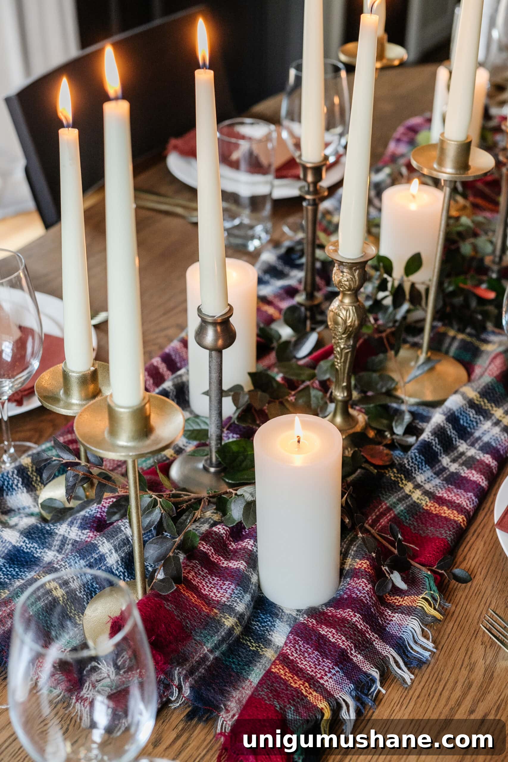 DIY Thanksgiving Centerpiece from Thrifted Finds 5 plaid scarf used as a Thanksgiving centerpiece table runner