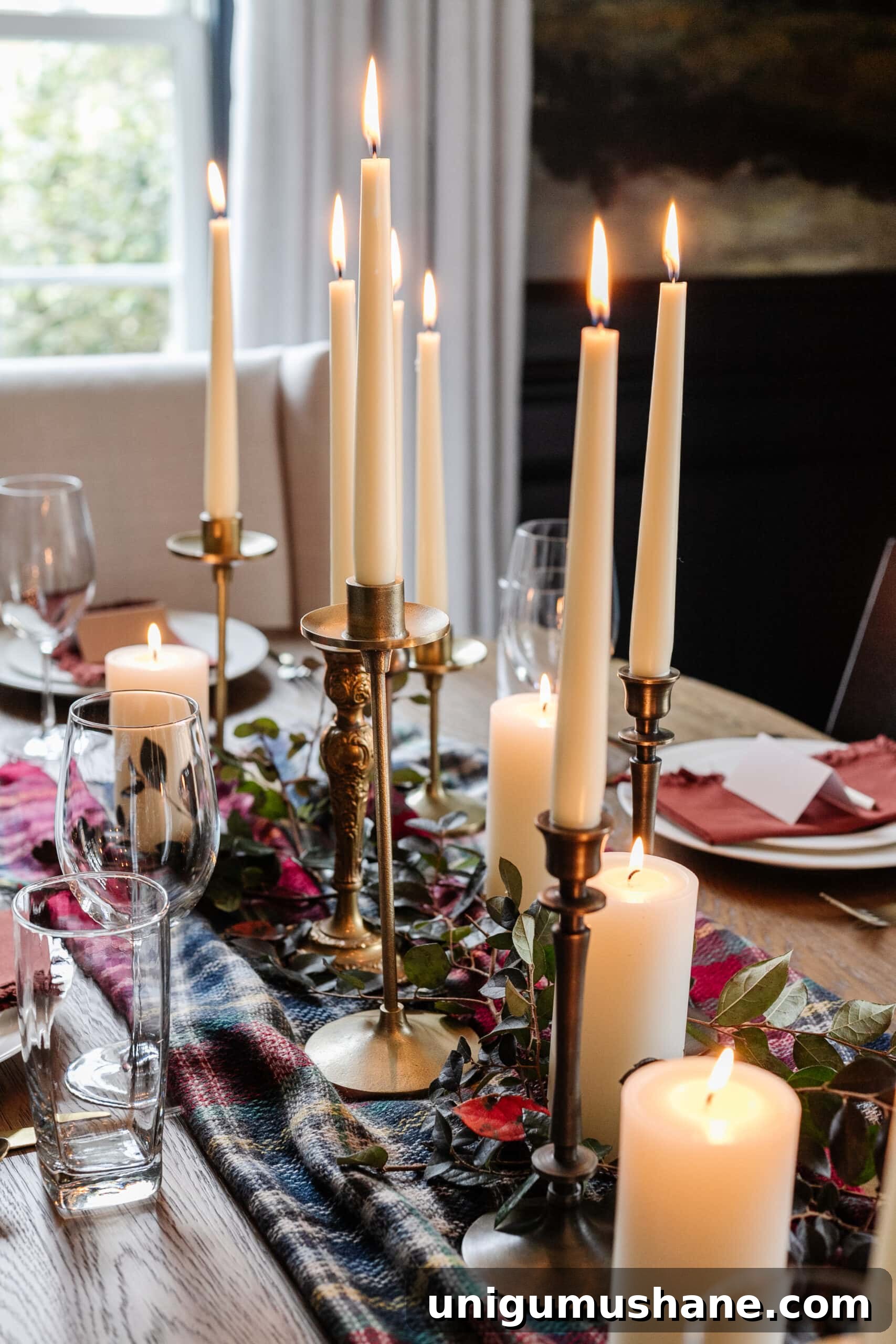 DIY Thanksgiving Centerpiece from Thrifted Finds 6 thrifted candlesticks as a cheap Thanksgiving centerpiece