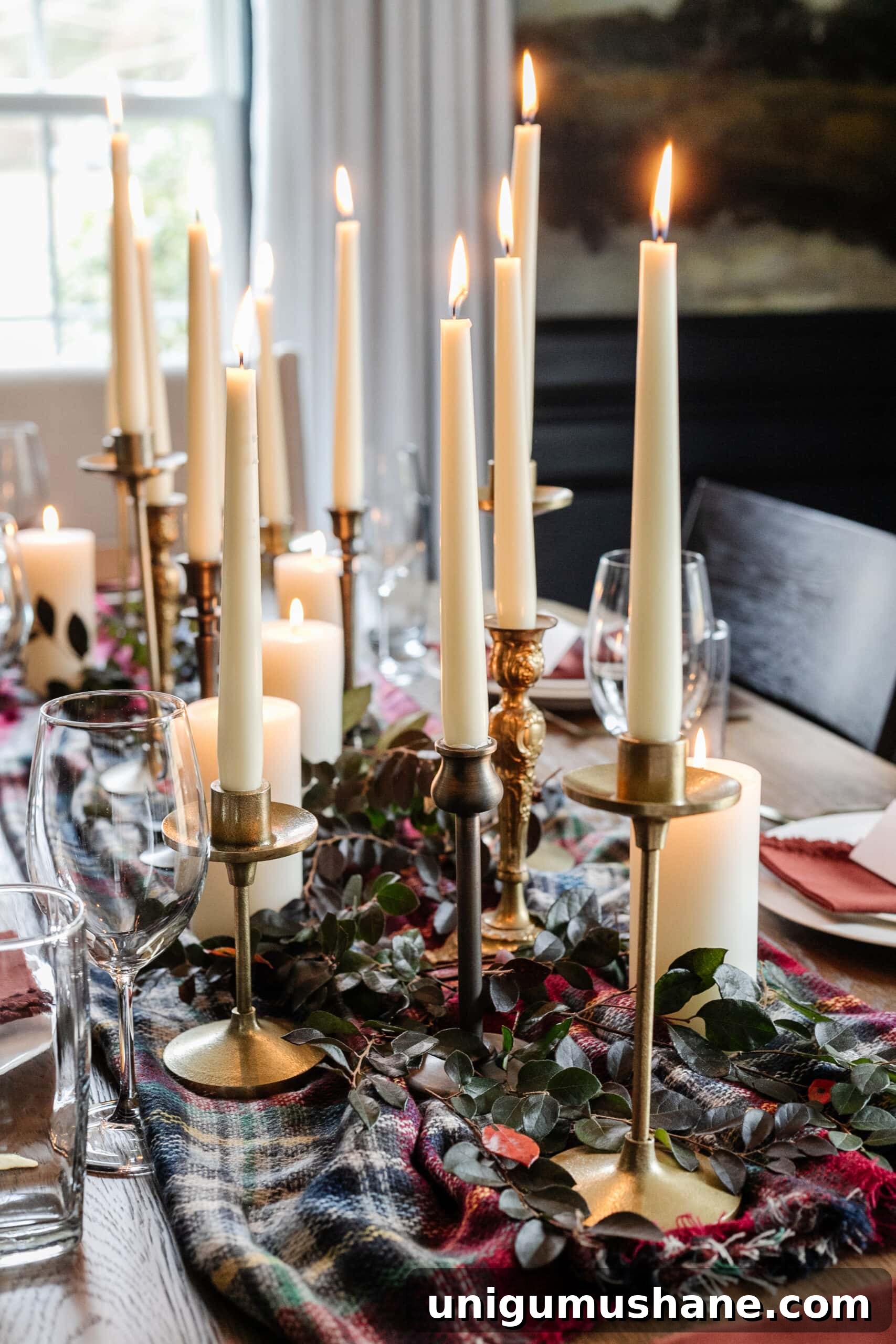 DIY Thanksgiving Centerpiece from Thrifted Finds 7 DIY Thanksgiving centerpiece with plaid scarf runner