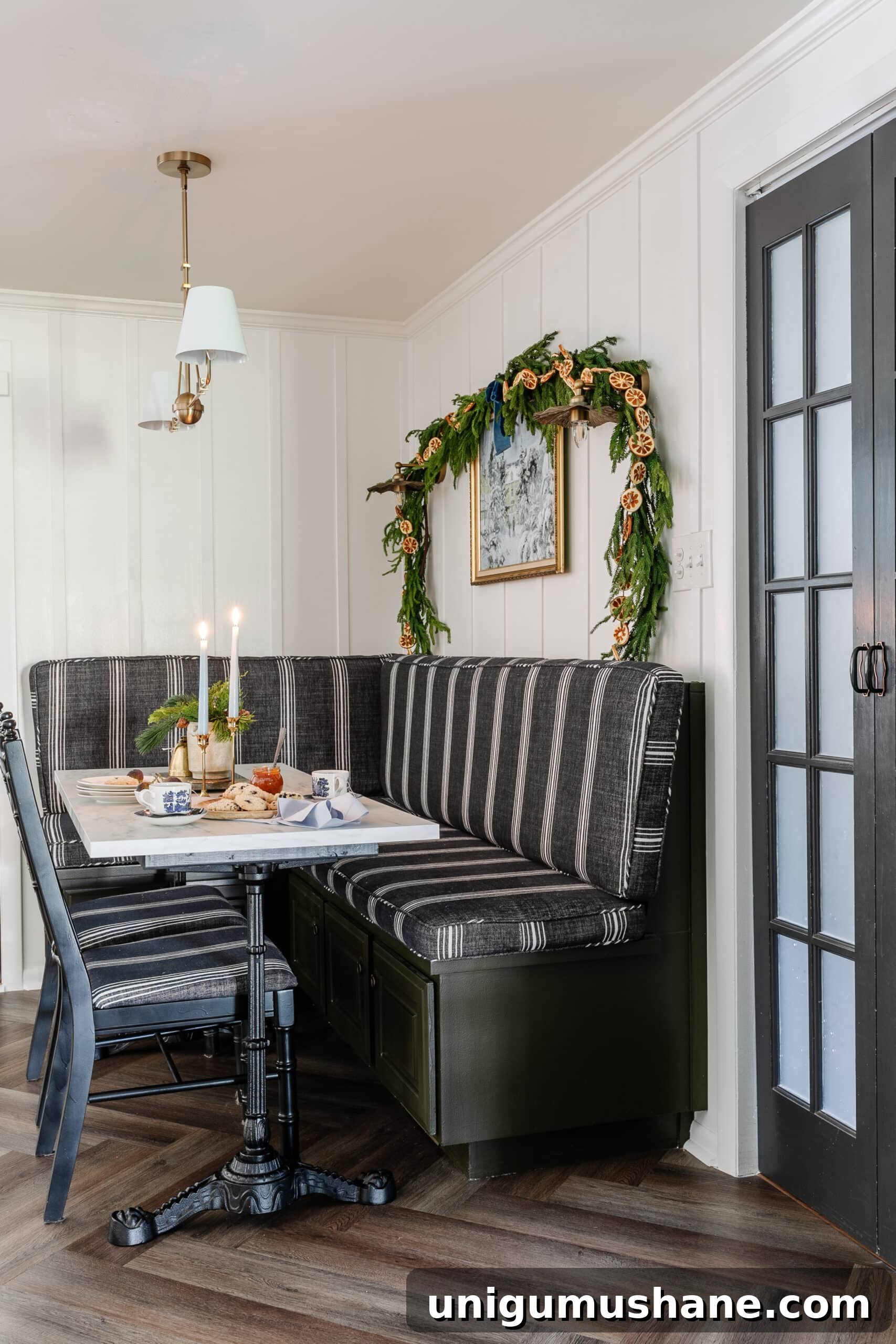 Free Winter Art Printable You Can Frame Anywhere 6 breakfast nook banquette and table with Christmas decor