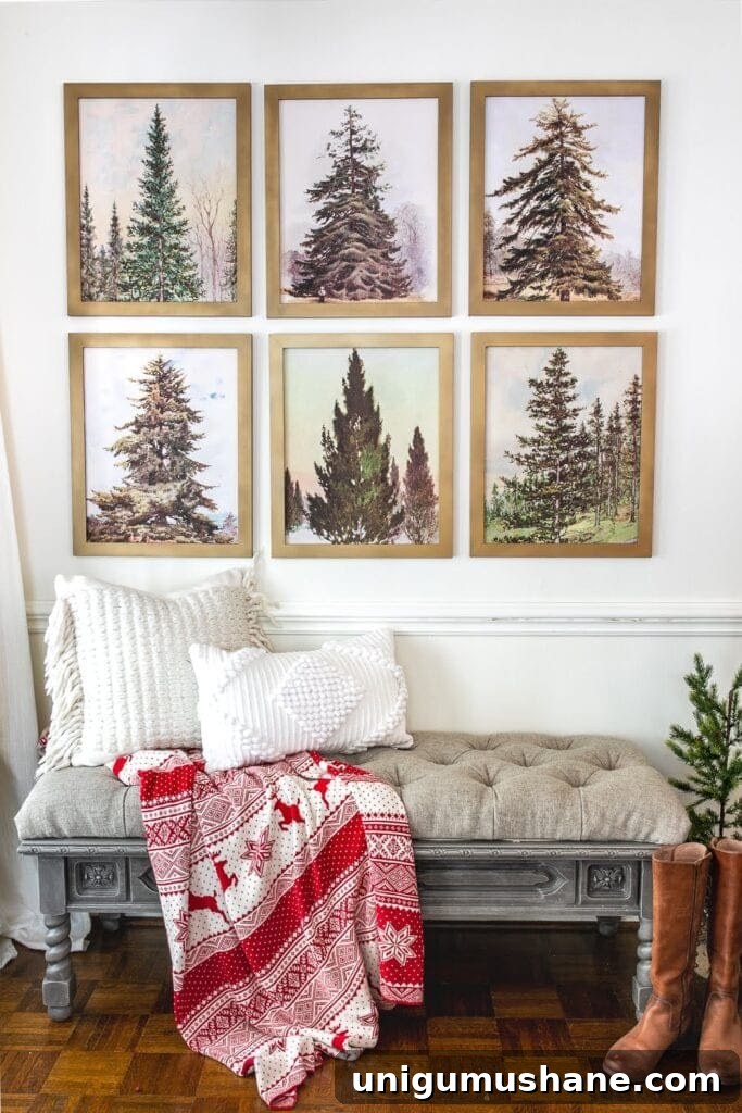 18 Christmas Wall Decor Ideas with Holiday Art Printables 14 Vintage Christmas tree holiday art printable set in a gallery wall