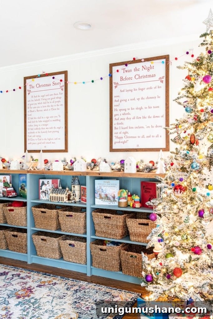 18 Christmas Wall Decor Ideas with Holiday Art Printables 15 Storybook Christmas printable art hung on a wall in a playroom