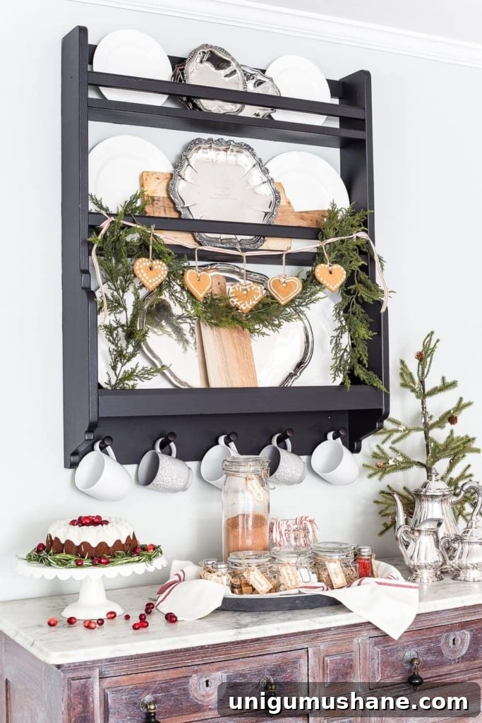 18 Christmas Wall Decor Ideas with Holiday Art Printables 20 plate rack with garland and gingerbread cookies displayed Scandinavian style for Christmas