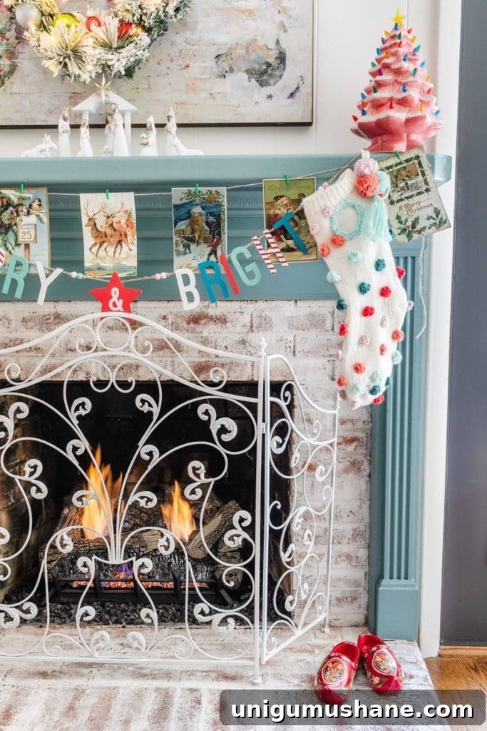 18 Christmas Wall Decor Ideas with Holiday Art Printables 7 Christmas printable art of vintage Christmas cards made into garland on a mantel