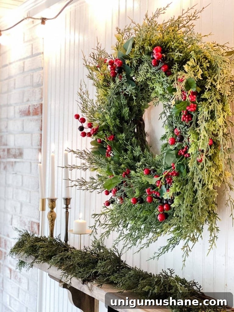 18 Christmas Wall Decor Ideas with Holiday Art Printables 9 Christmas wreath as wall decor above a fireplace mantel