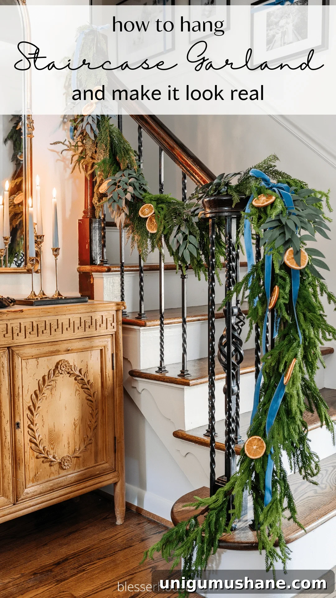 how to hang staircase garland and make faux garland look real