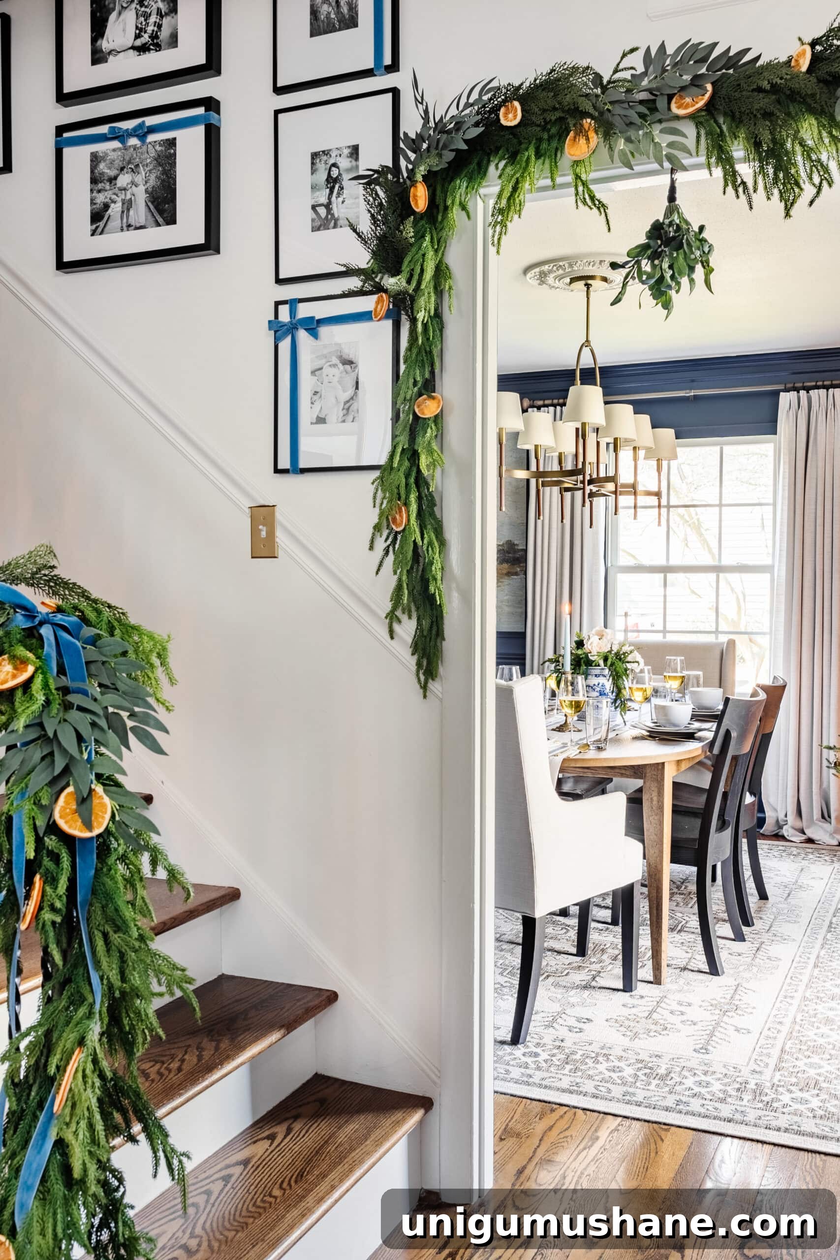 peek of dining room with garland framing doorway