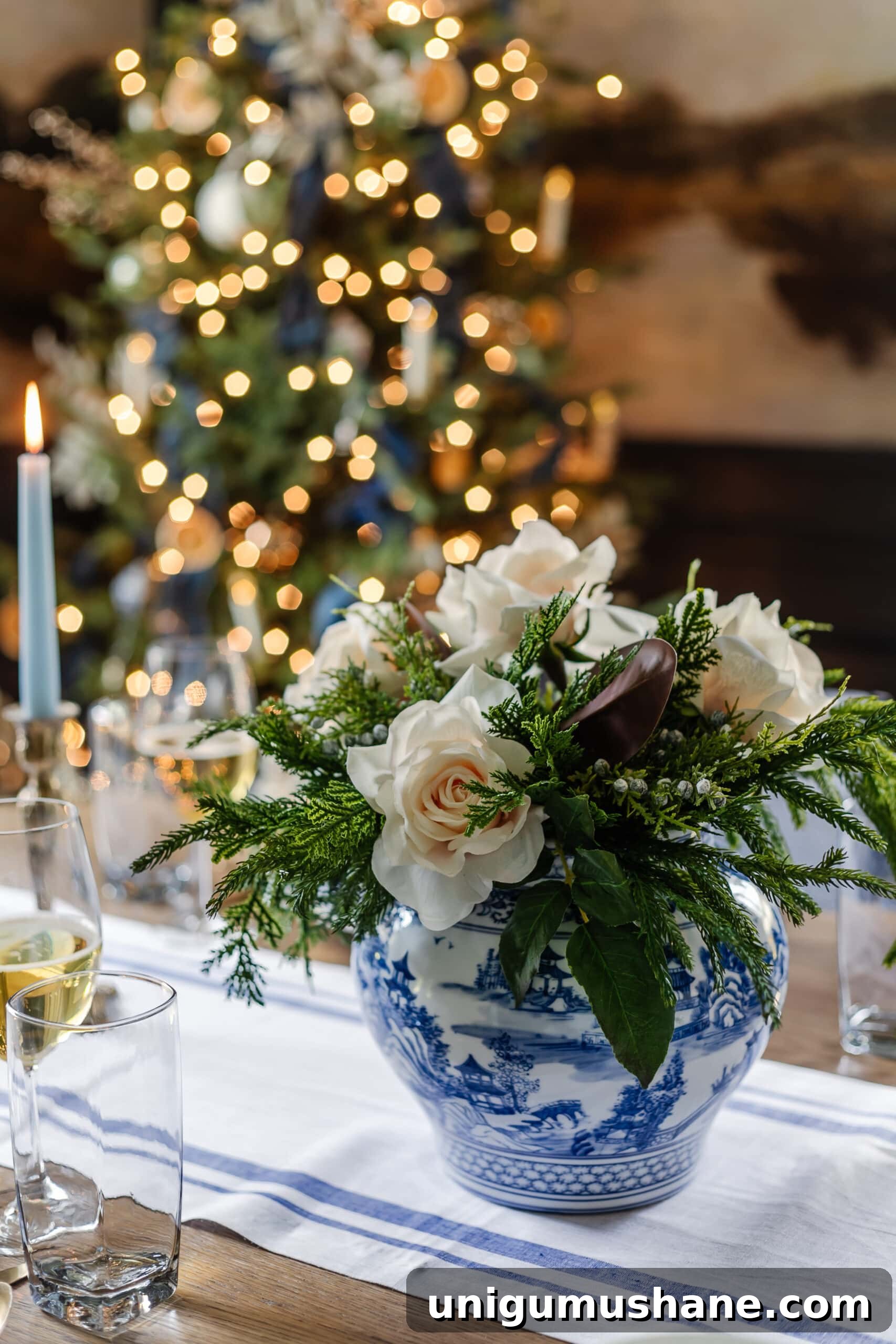 white and blue vase for centerpiece on Christmas dinner table