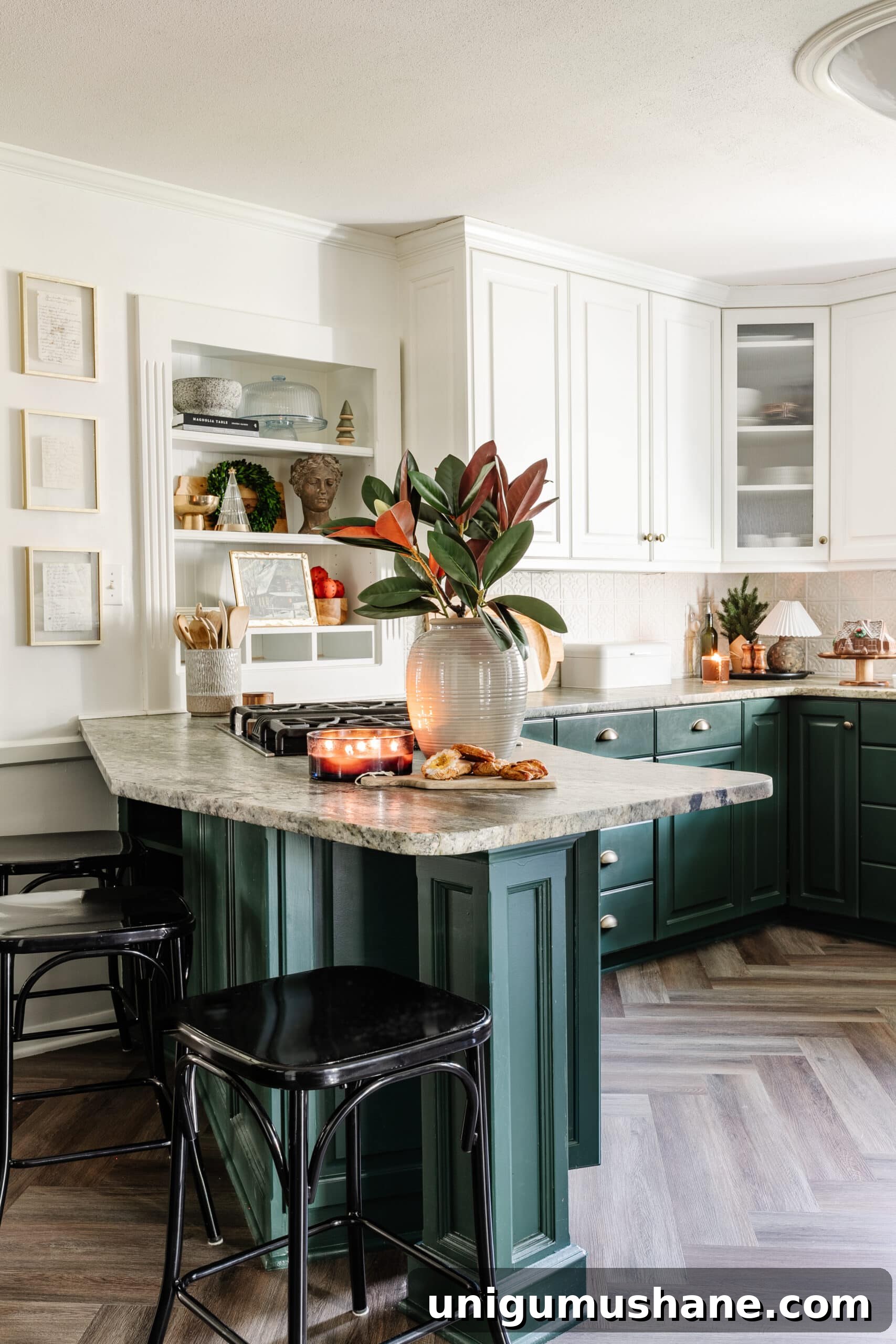 9 Quick Ways to Decorate Your Kitchen for Christmas 4 Christmas kitchen decor on countertop and shelves