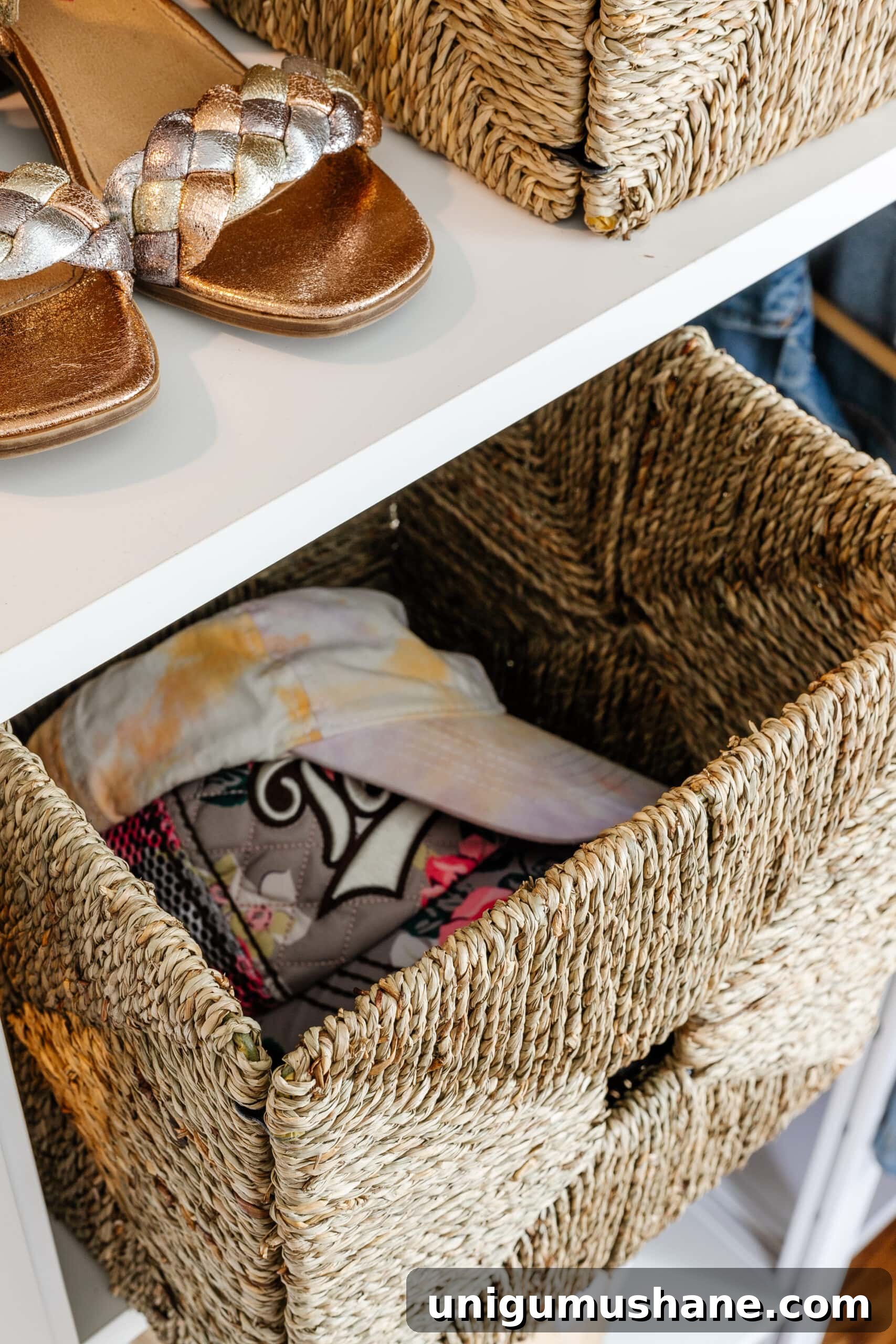 baskets to store hats and clothing accessories in a girls closet