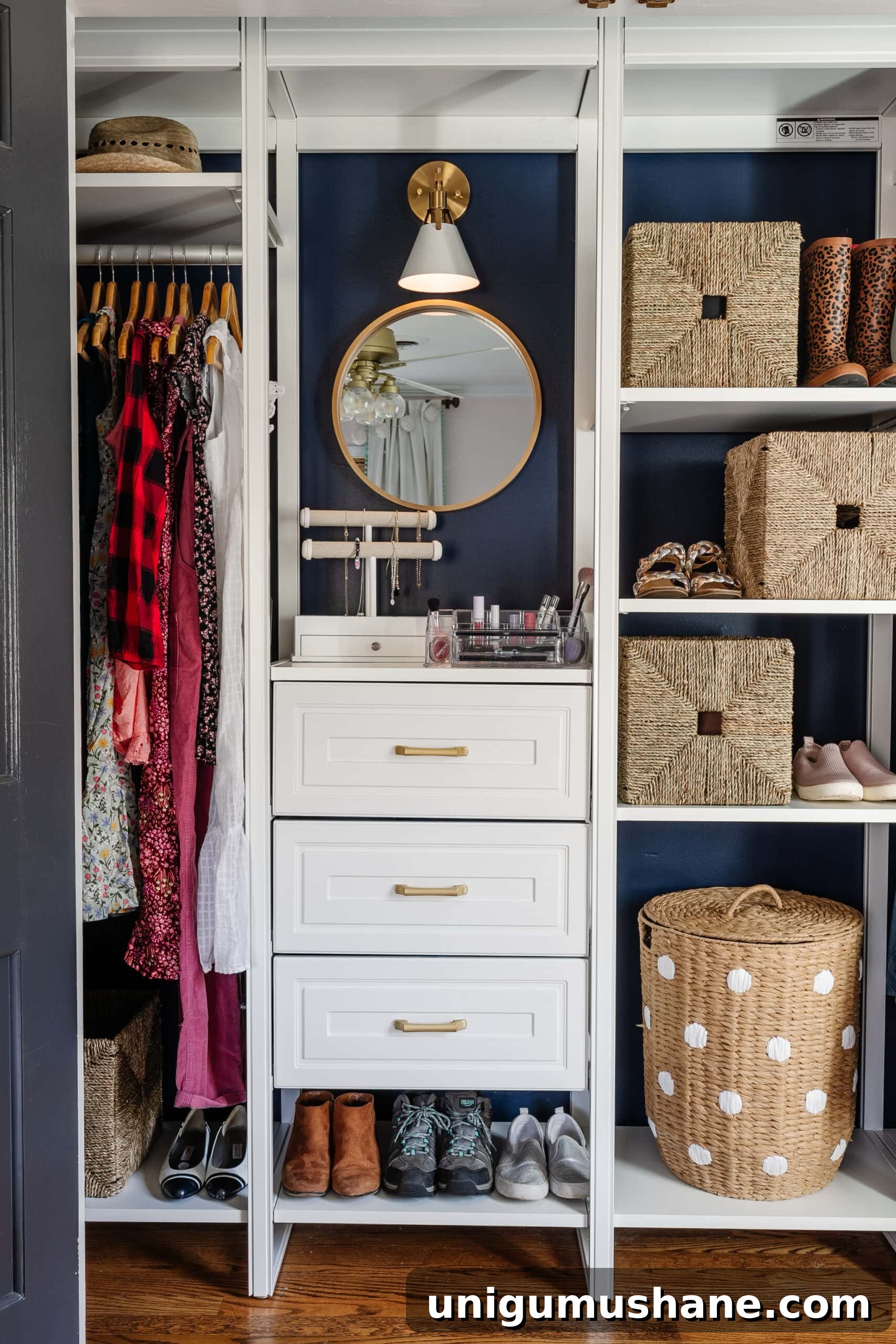 small closet idea for girls with makeup organization and clothing storage