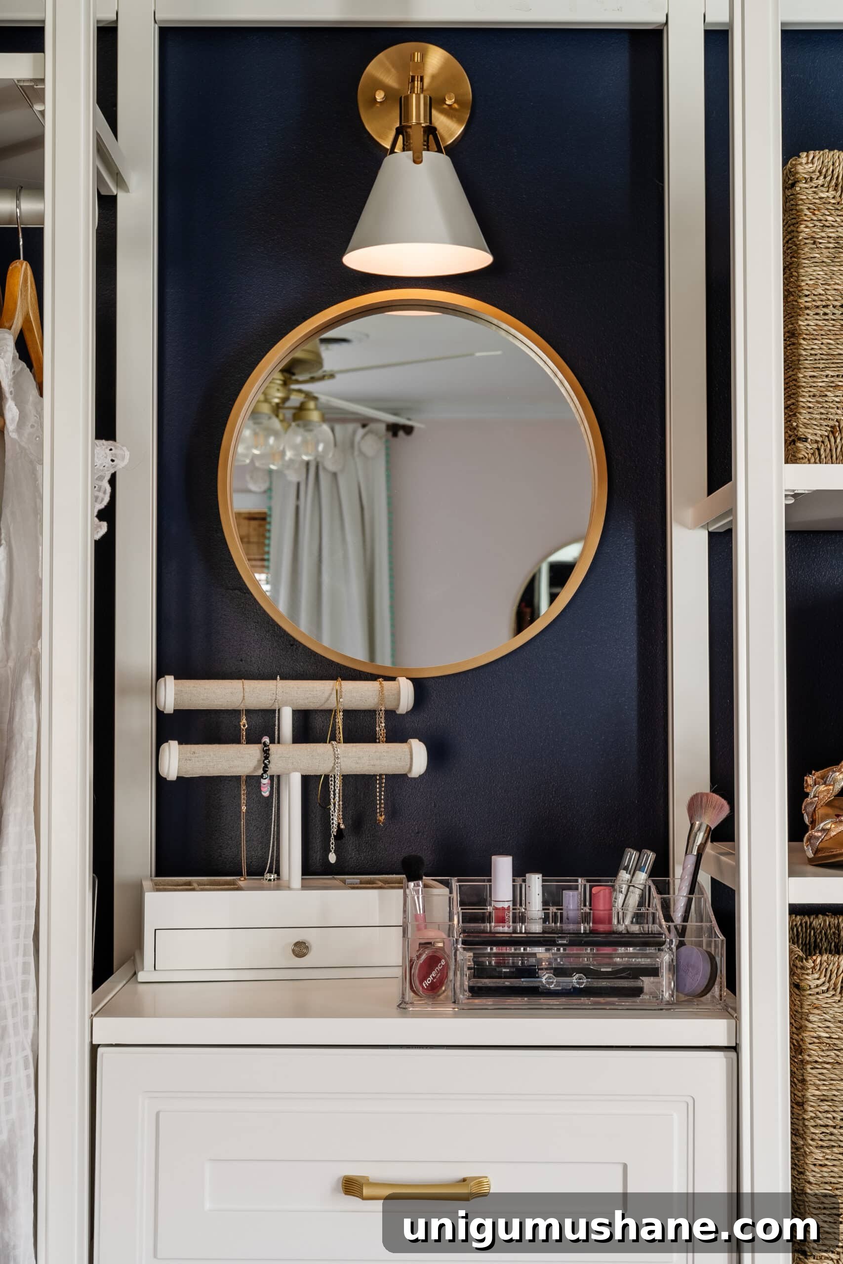 girls closet organization using a drawer stack as a makeshift vanity