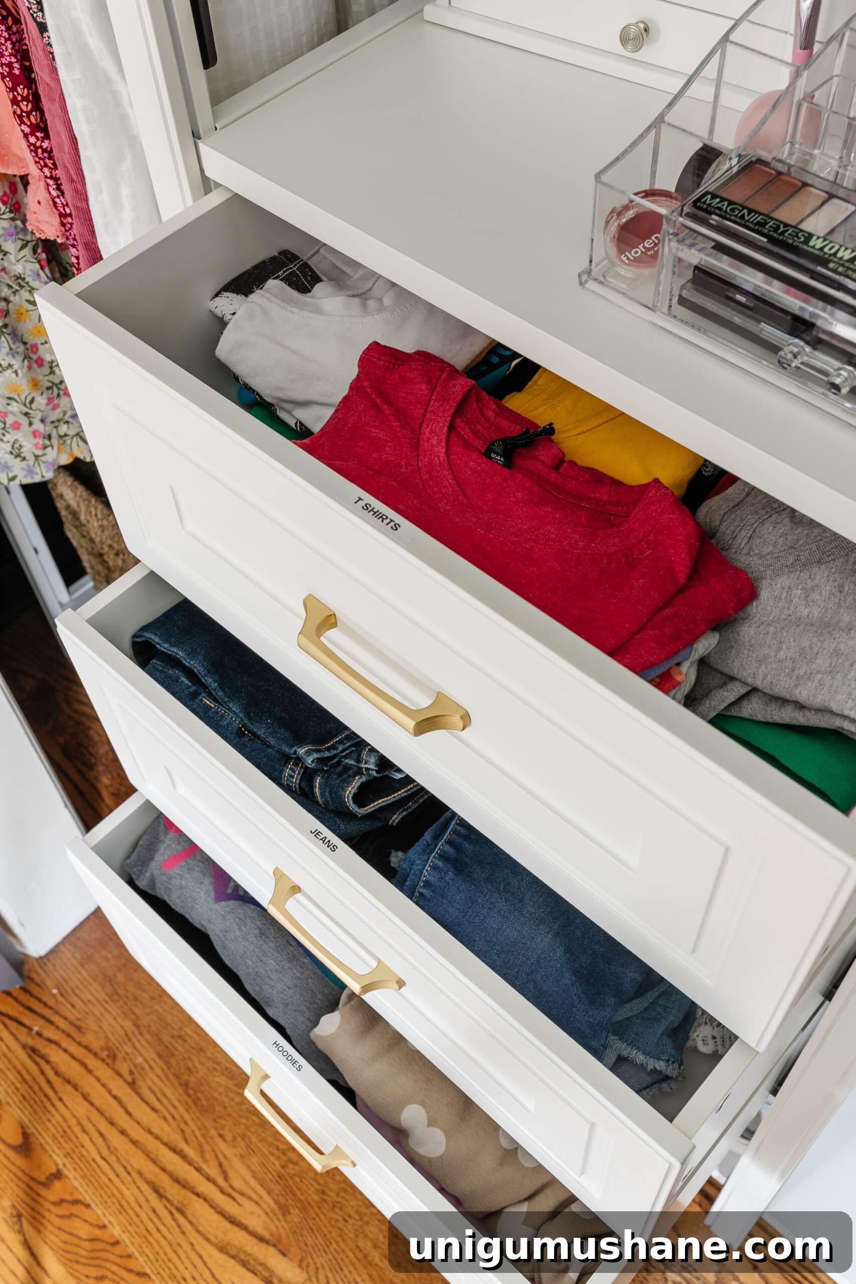 organized closet drawers with labels for clothing
