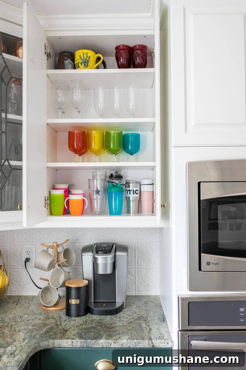 14 Things to Declutter for the New Year 12 coffee station on kitchen counter and cabinet with cups