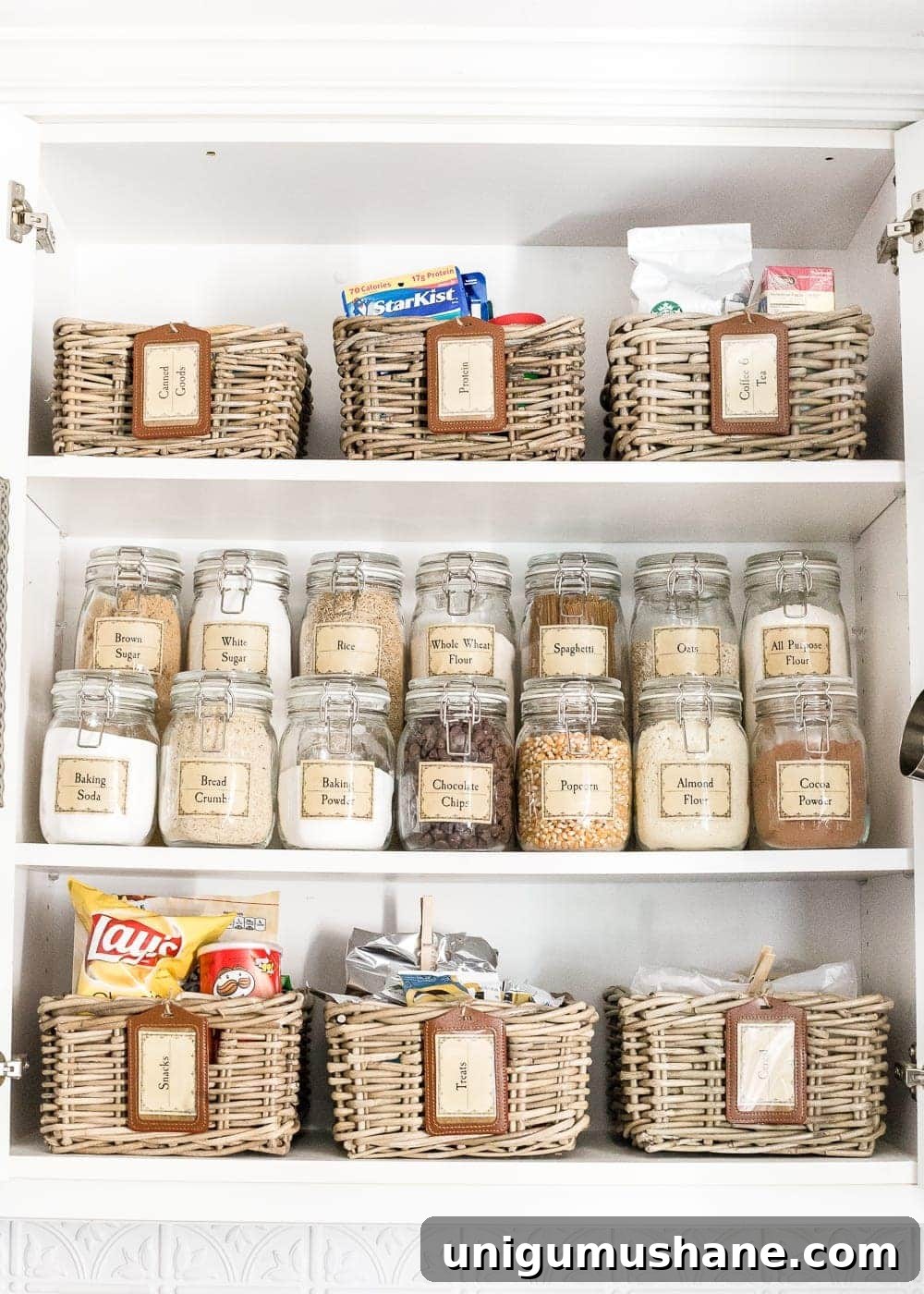 14 Things to Declutter for the New Year 4 pantry with jars and baskets labeled with food