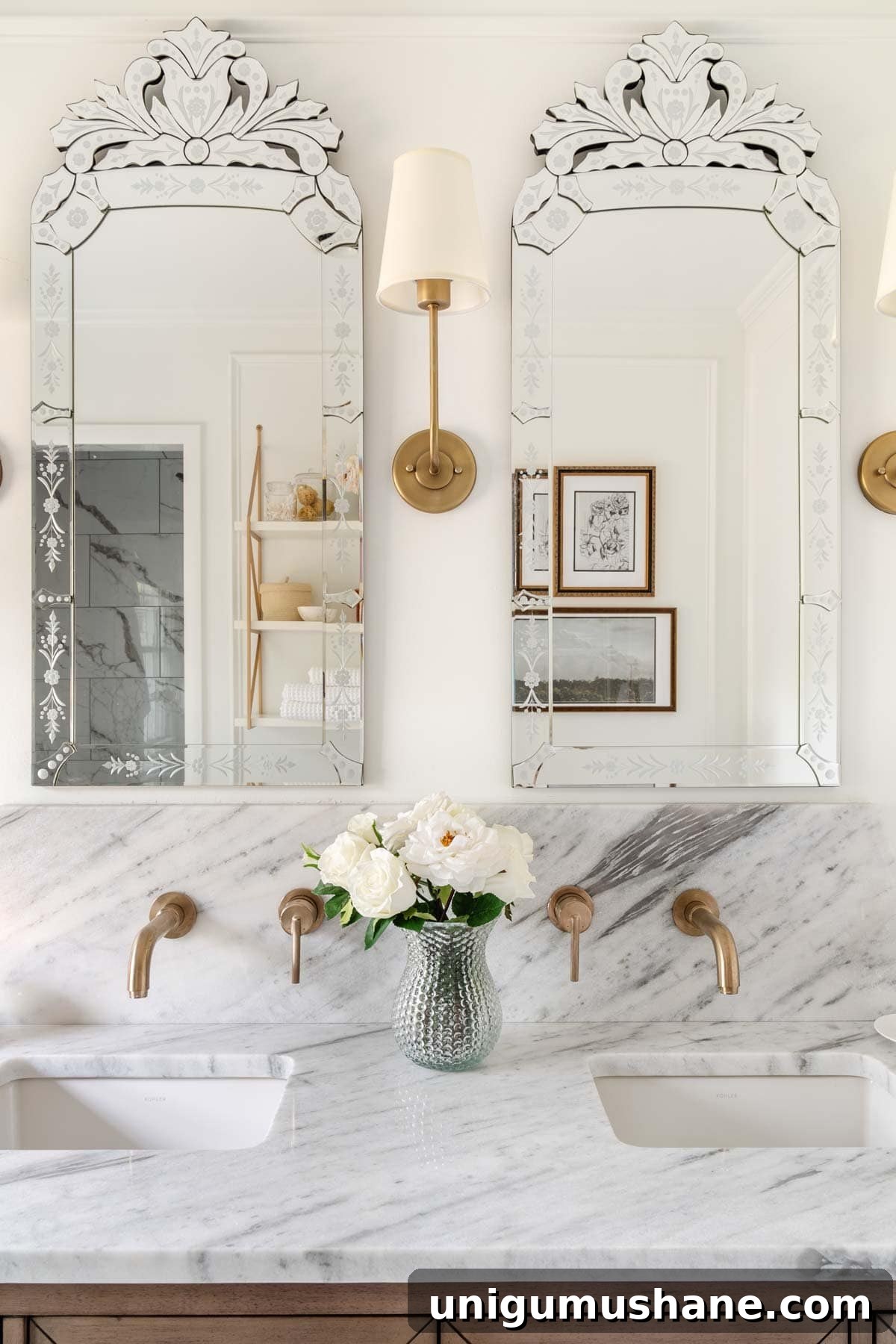 Parisian Chic Home Decor on a Budget 14 Parisian chic bathroom with scalloped marble backsplash and countertop