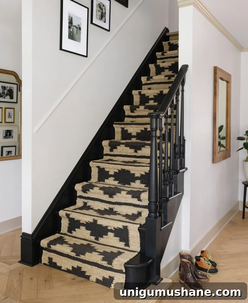 9 Black Stair Railing Ideas to Elevate Your Foyer 11 painted black stairs with geometric jute rug