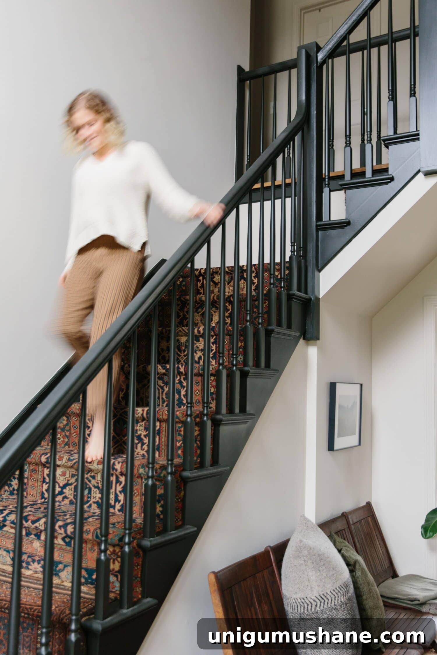 9 Black Stair Railing Ideas to Elevate Your Foyer 10 black painted staircase with vintage rug