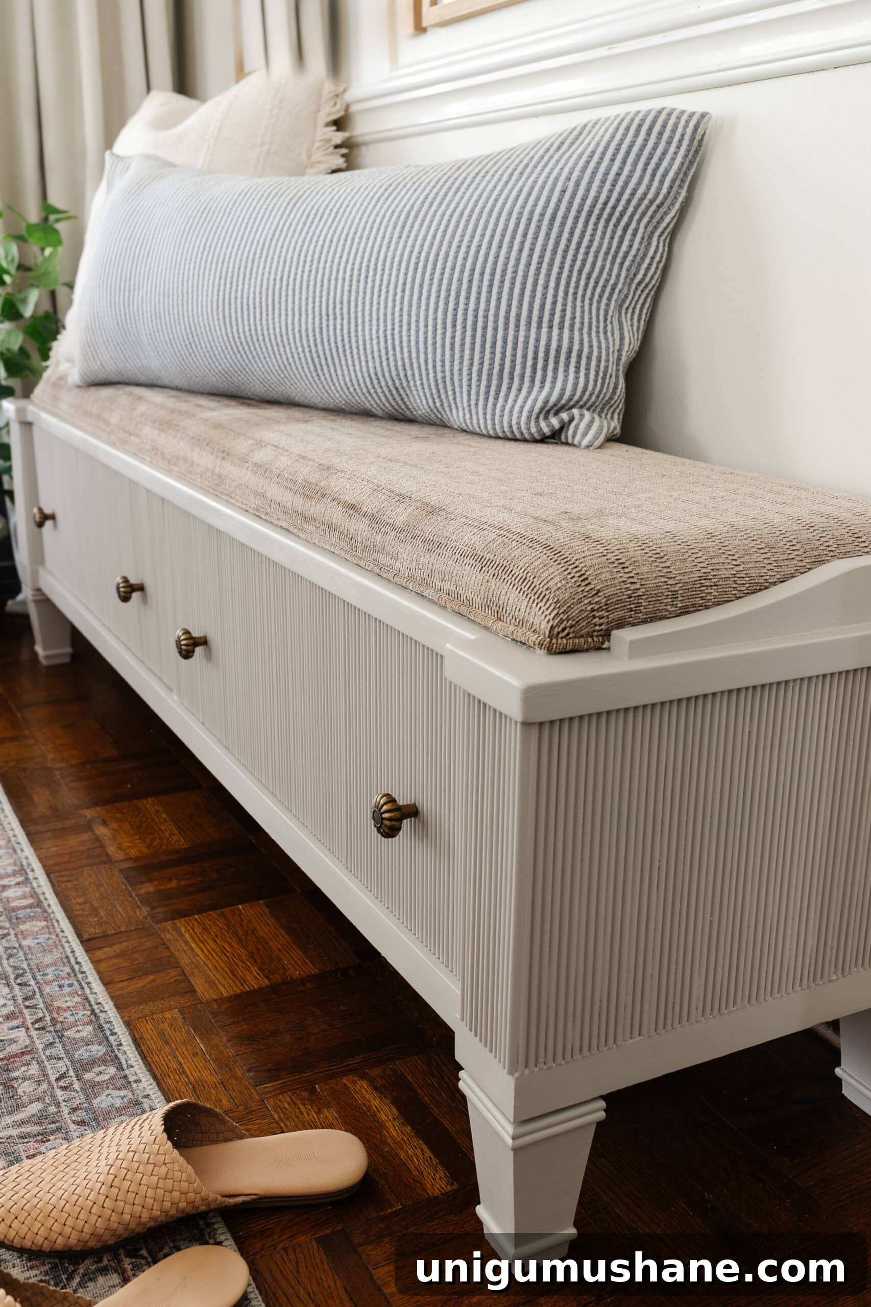 Transform a Shoe Storage Bench with Reeded Trim 17 decorative reeding added to a storage bench in an entryway and painted Sherwin Williams Anew Gray