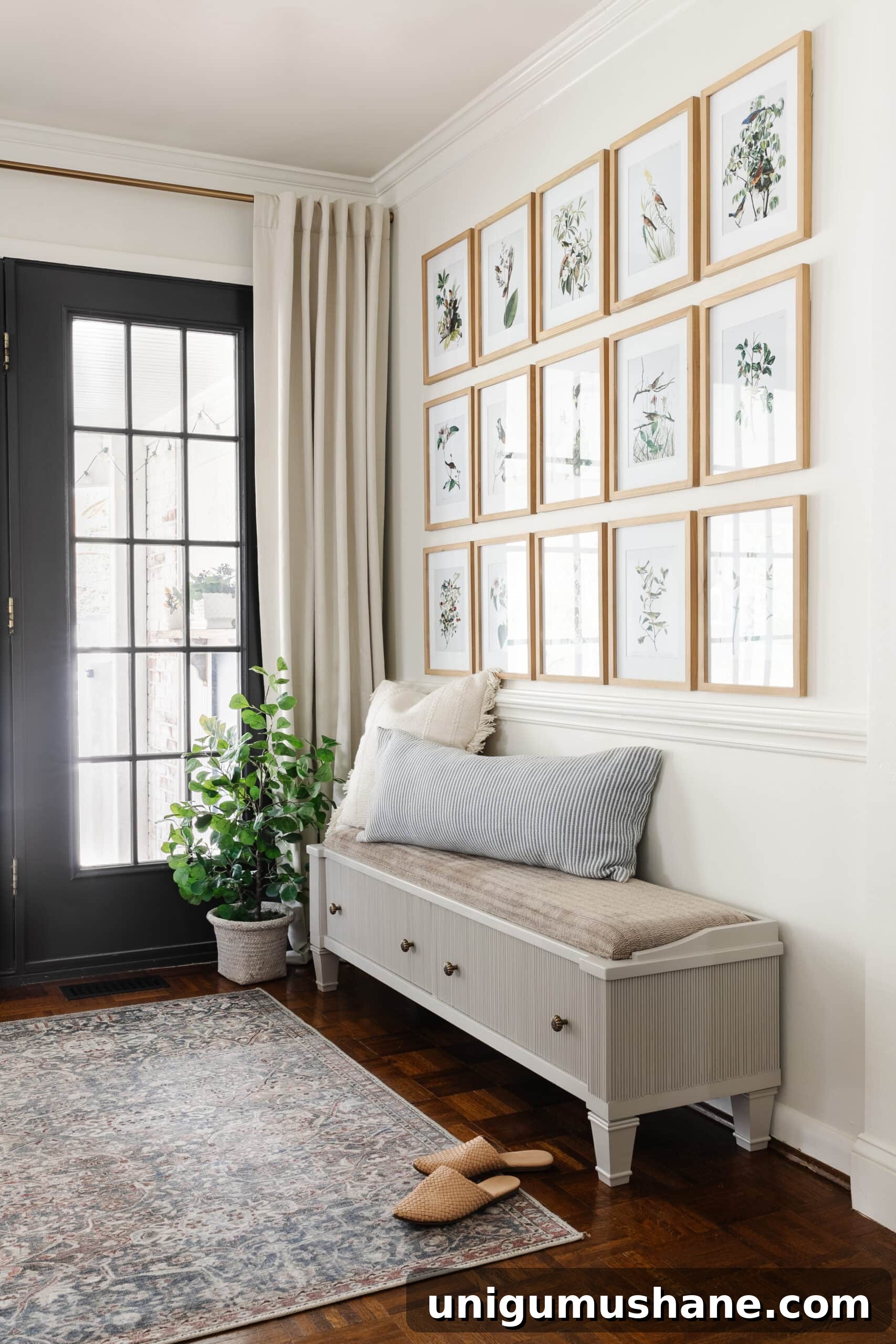Transform a Shoe Storage Bench with Reeded Trim 20 reeded bench in an entryway with an Audubon bird art gallery wall