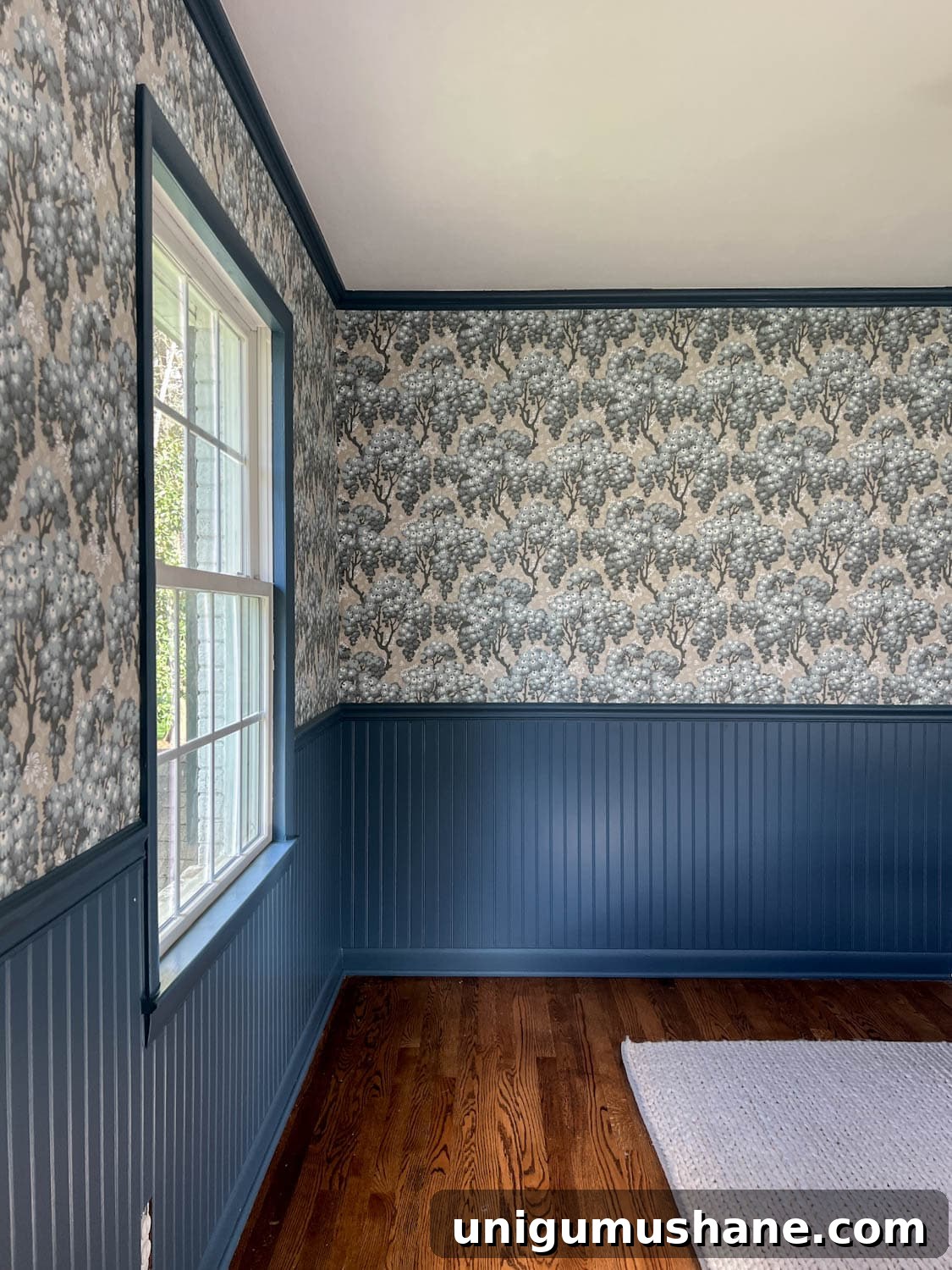 30 Vintage Scandinavian Wallpaper Ideas for Maximalist Interiors 2 maximalist decor with beadboard painted Sherwin Williams Smoky Blue and vintage Scandinavian wallpaper pattern Sandberg Wallpaper Ragnvi Indigo Blue