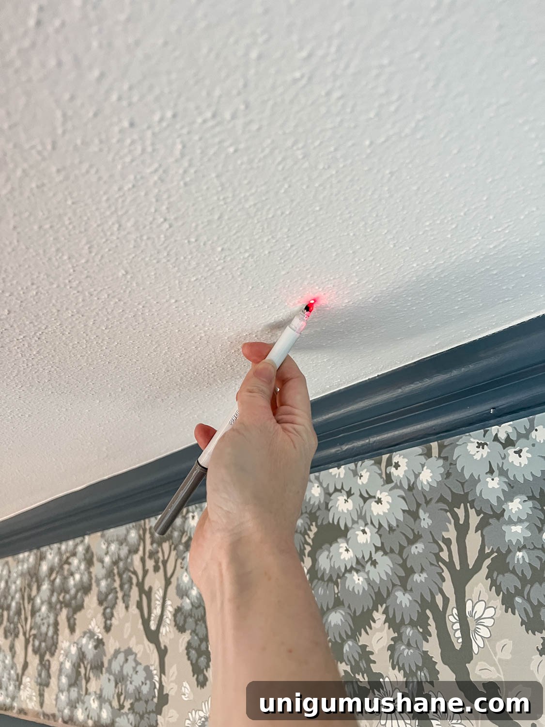 using a laser to mark vinyl decal placement on a ceiling
