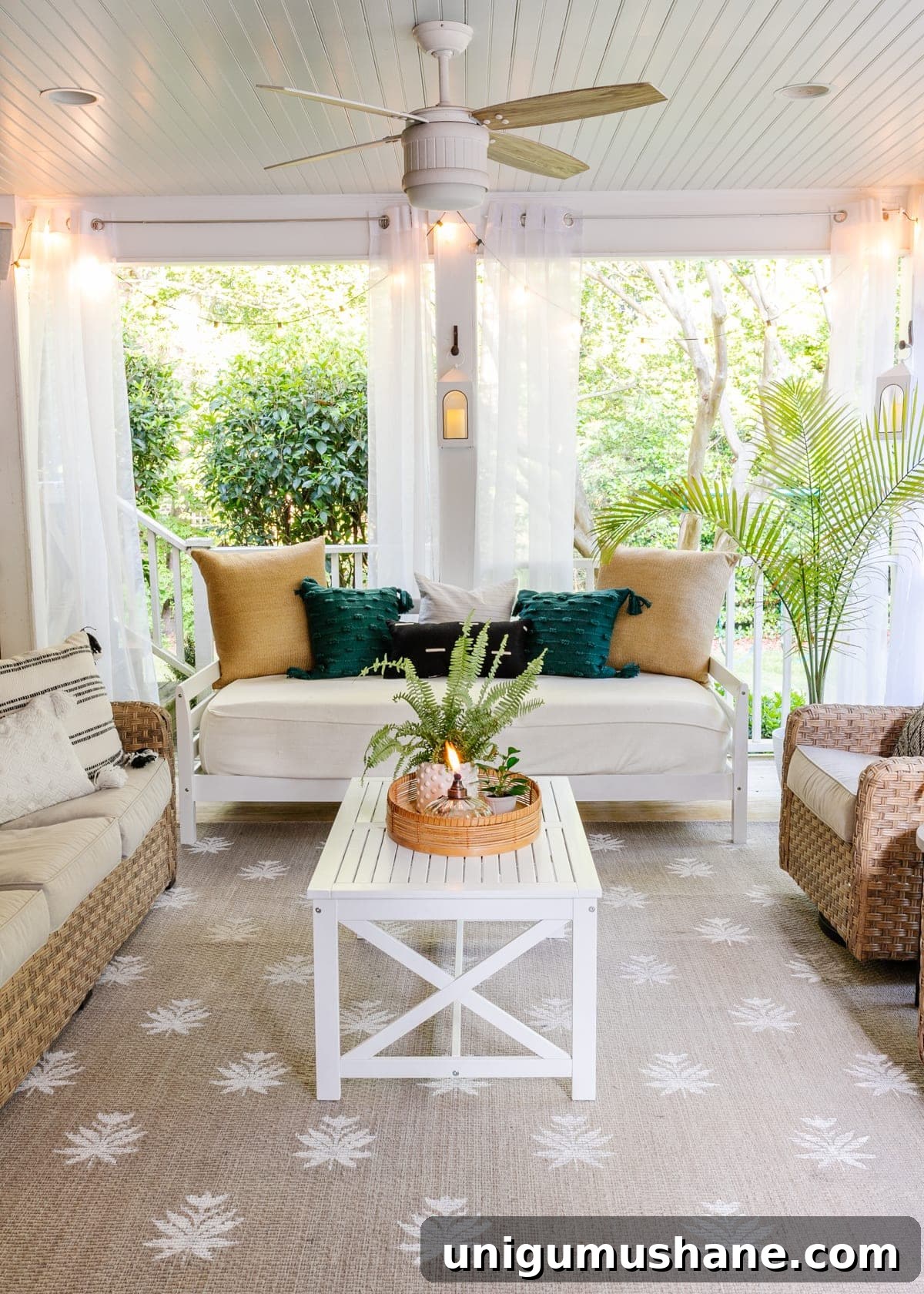 41 Budget-Friendly Backyard Projects for Outdoor Living 11 DIY floral block rug outside on a back porch